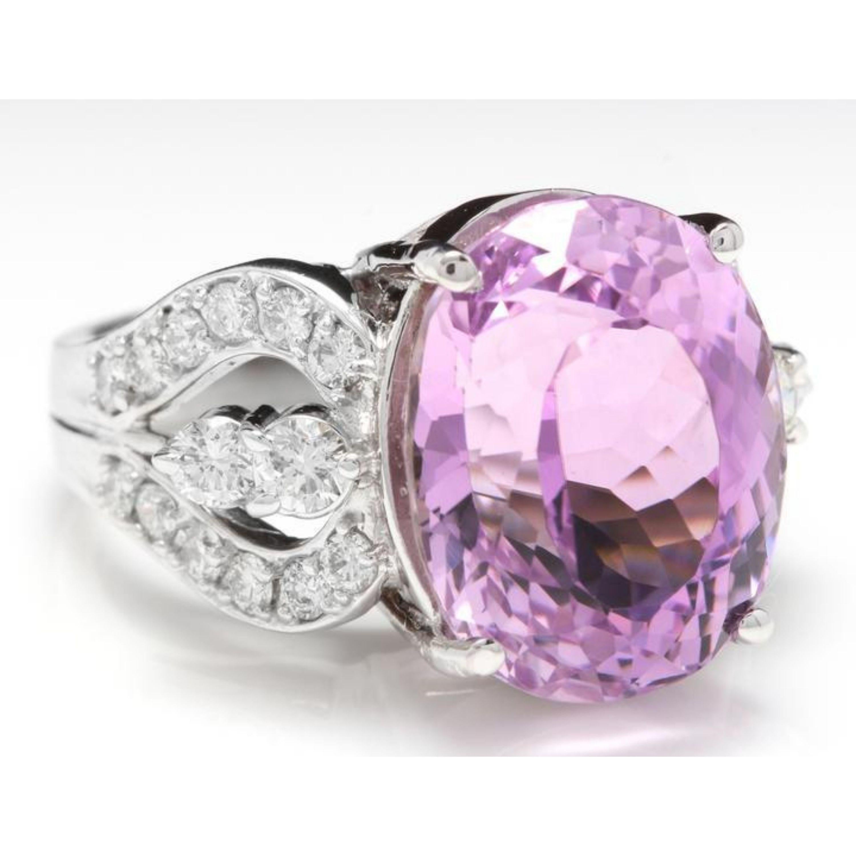 16.05 Carats Natural Kunzite and Diamond 14K Solid White Gold Ring

Total Natural Oval Cut Kunzite Weights: Approx. 15.00 Carats

Kunzite Measures: Approx. 16.00 x 12.00mm

Kunzite Treatment: Heating

Natural Round Diamonds Weight: Approx. 1.05