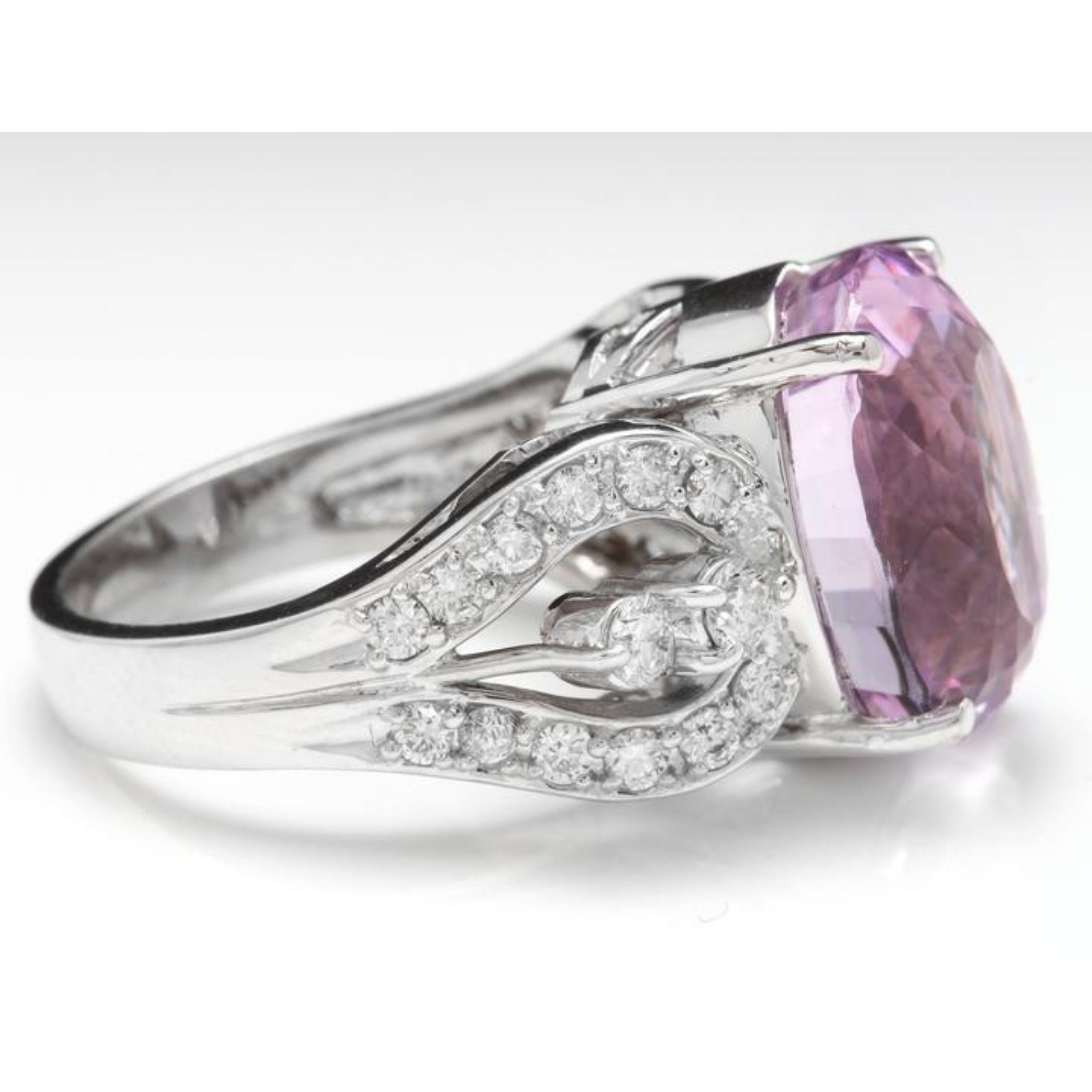 Mixed Cut 16.05 Carat Natural Kunzite and Diamond 14 Karat Solid White Gold Ring For Sale