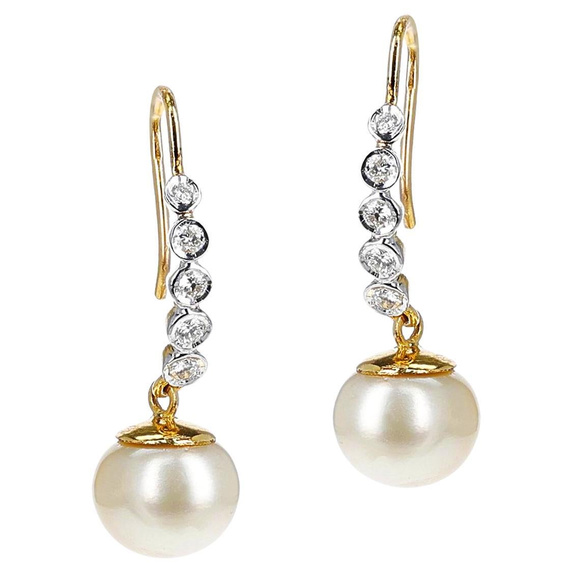 16.06 Ct. South Sea Pearl Dangling Earrings with 0.43 Ct. Diamonds, 14K For Sale