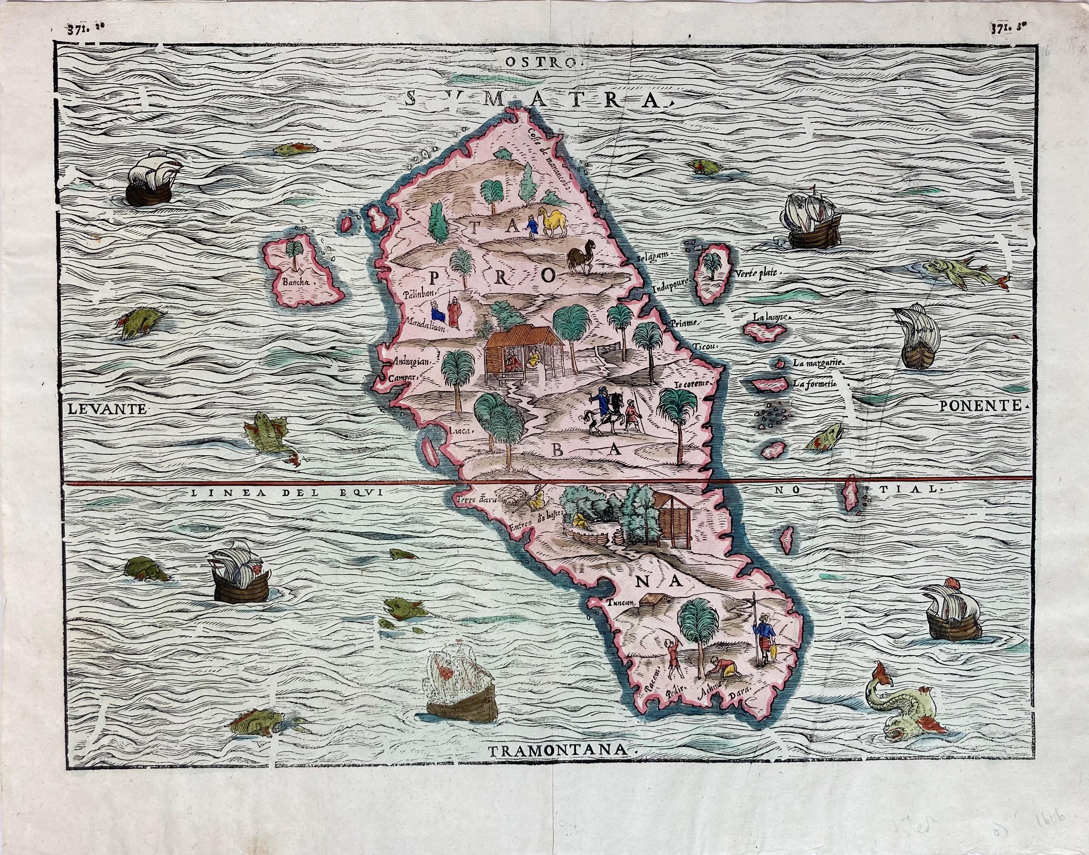Se trata de un fascinante mapa xilográfico titulado *Taprobana*, que representa la isla de Sumatra, coloreado a mano y publicado en Venecia en 1606. El mapa procede de la célebre colección de Giovanni Battista Ramusio, *Delle navigationi et viaggi,*