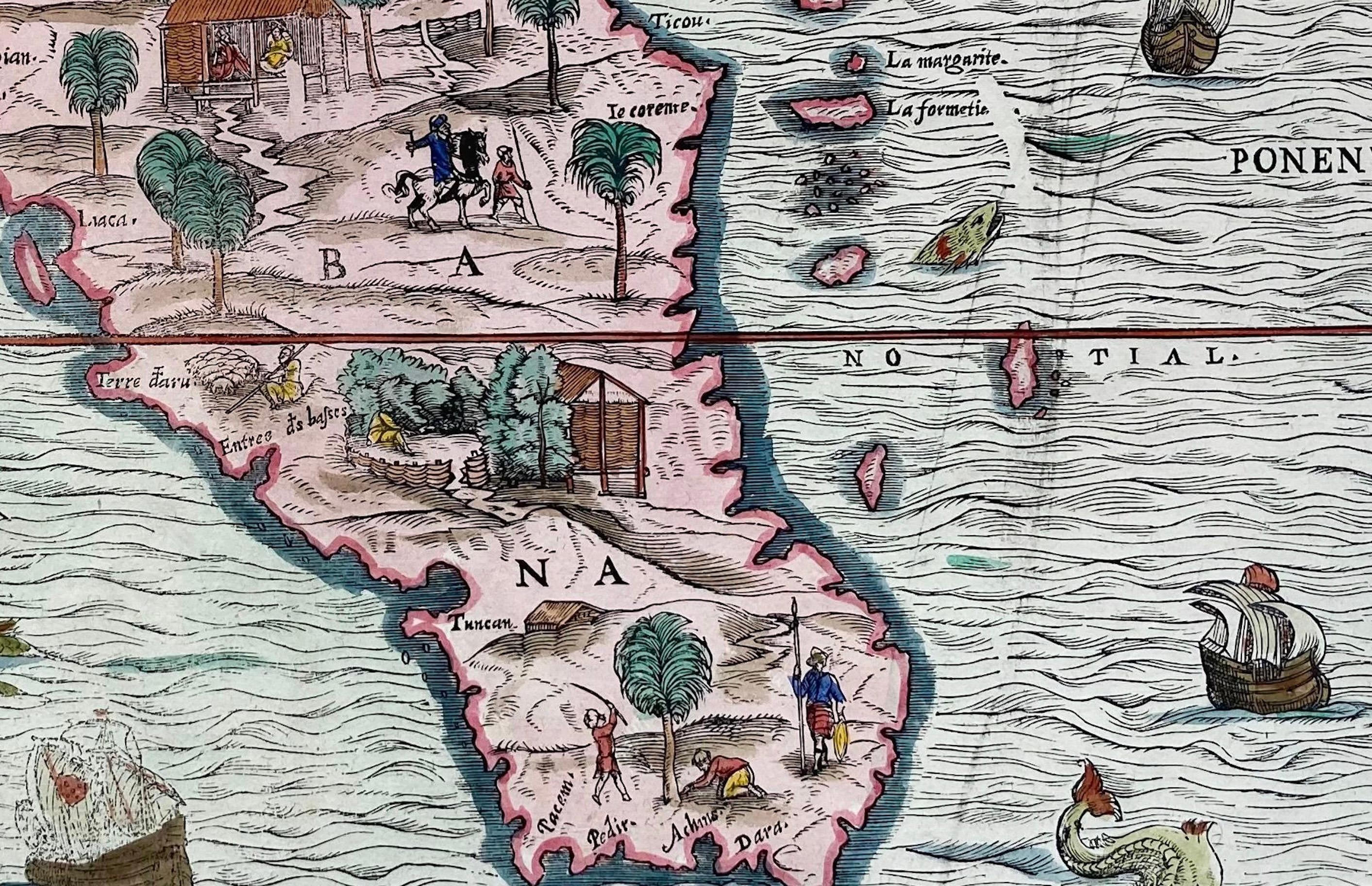 1606 Mapa xilográfico coloreado a mano de Sumatra de Delle Navigationi de Ramusio en Bueno estado para la venta en Langweer, NL