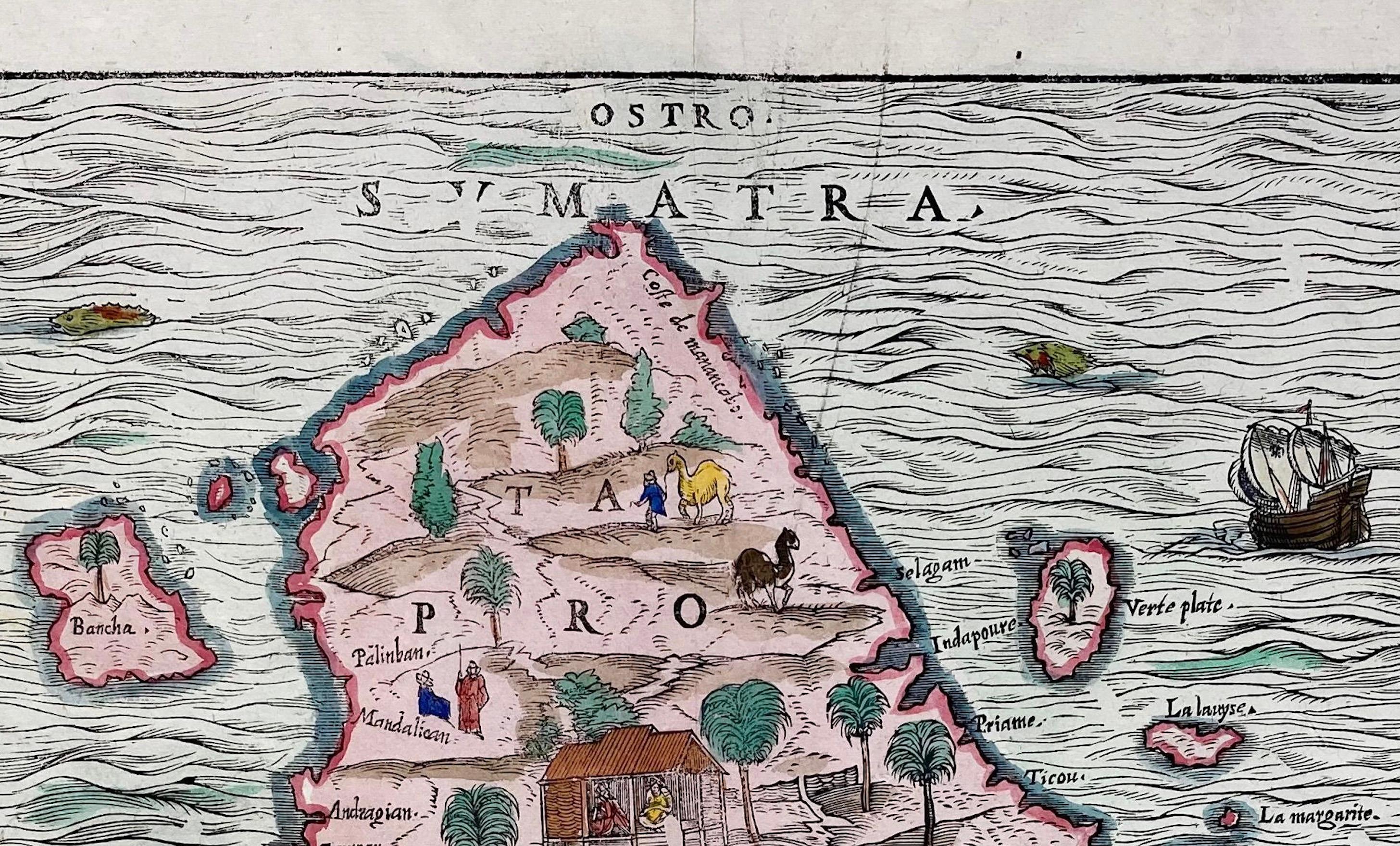 1606 Mapa xilográfico coloreado a mano de Sumatra de Delle Navigationi de Ramusio principios del siglo XVII en venta
