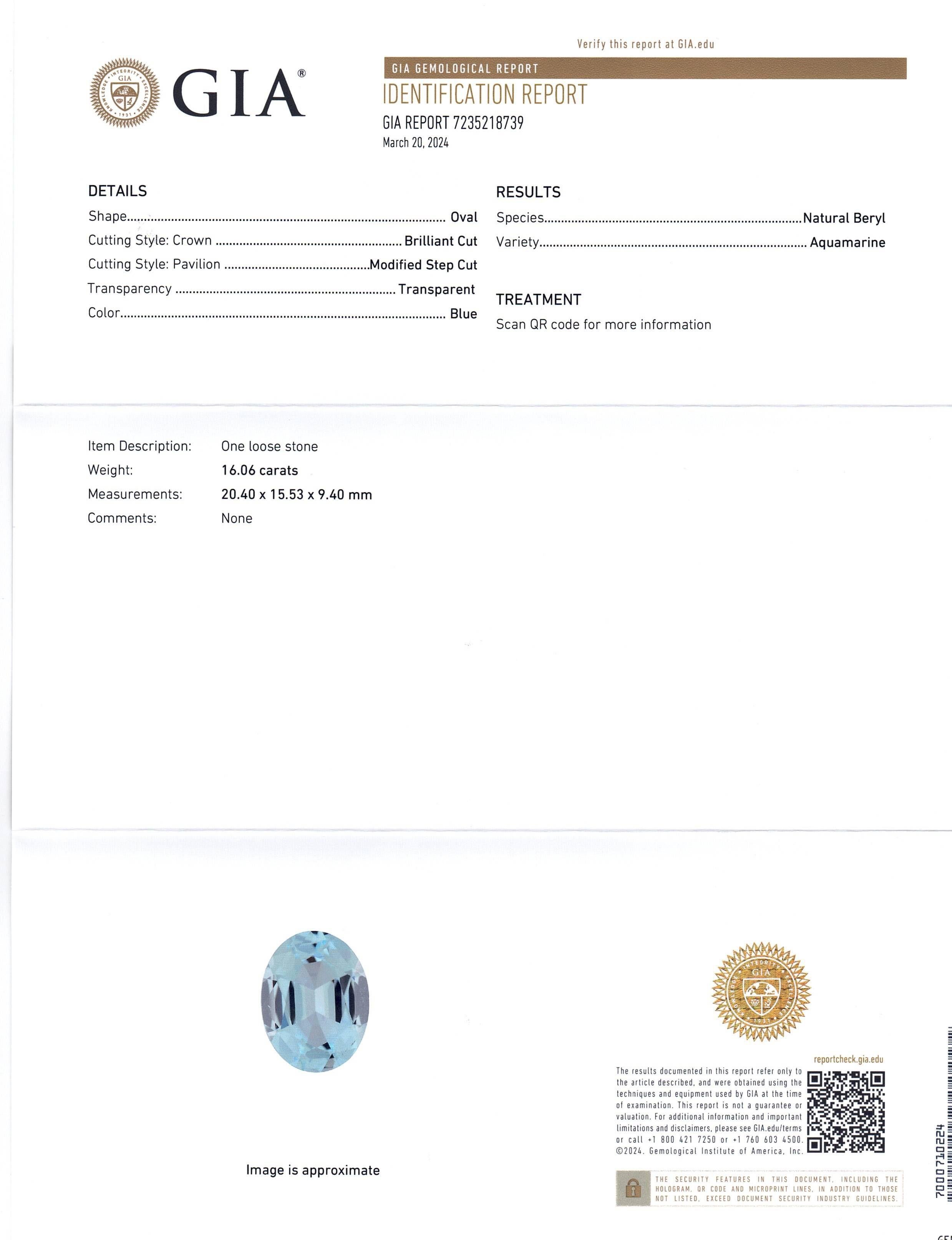 This is a stunning GIA Certified Aquamarine 


The GIA report reads as follows:

GIA Report Number: 7235218739
Shape: Oval
Cutting Style: 
Cutting Style: Crown: Brilliant Cut
Cutting Style: Pavilion: Modified Step Cut
Transparency: