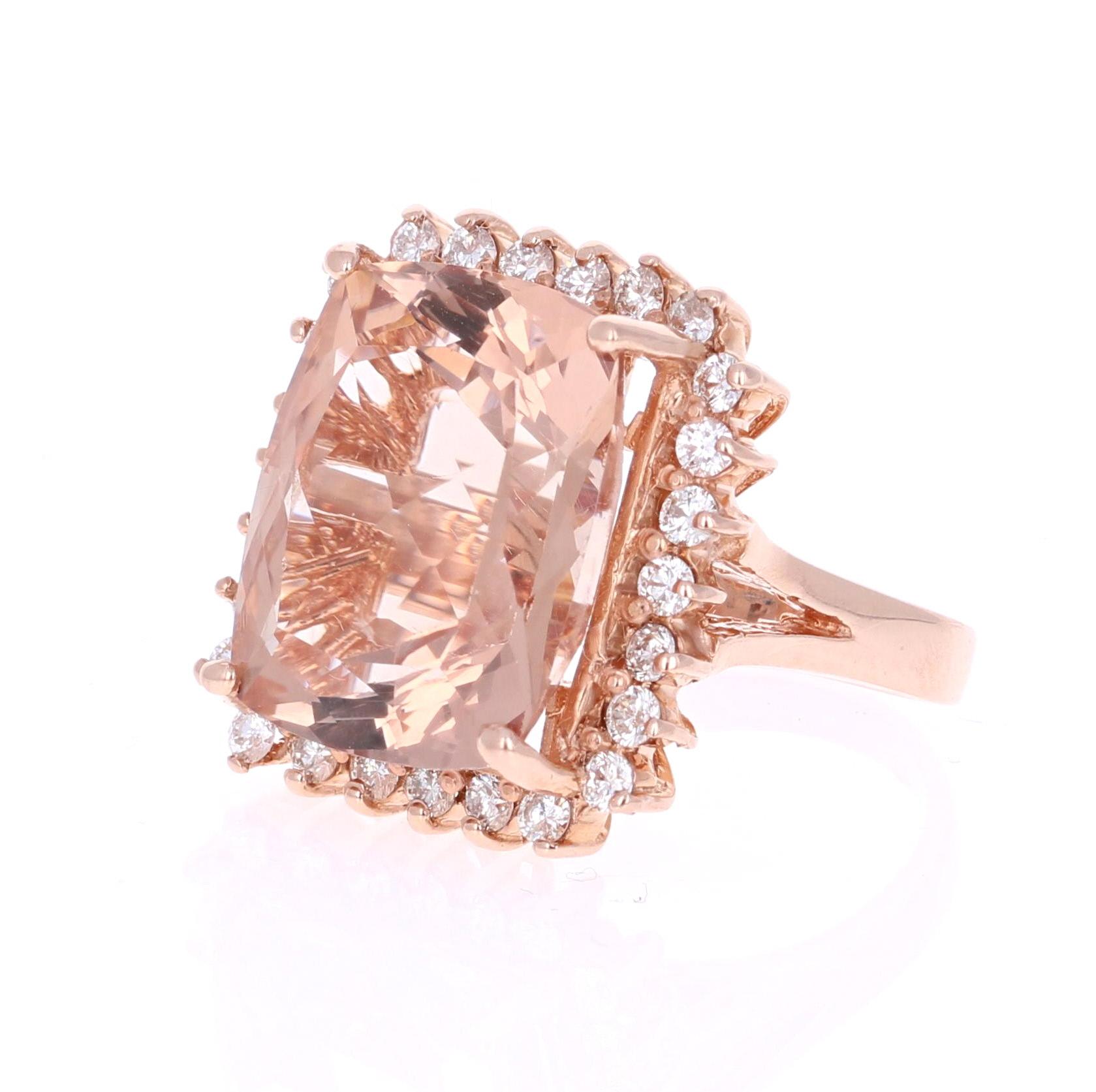 Statement Morganite Diamond Ring! 

This Morganite ring has a 15.16 Carat Cushion Cut Morganite and is surrounded by 26 Round Cut Diamonds that weigh 0.91 Carats.  The diamonds have a clarity and color of VS-H. The total carat weight of the ring is