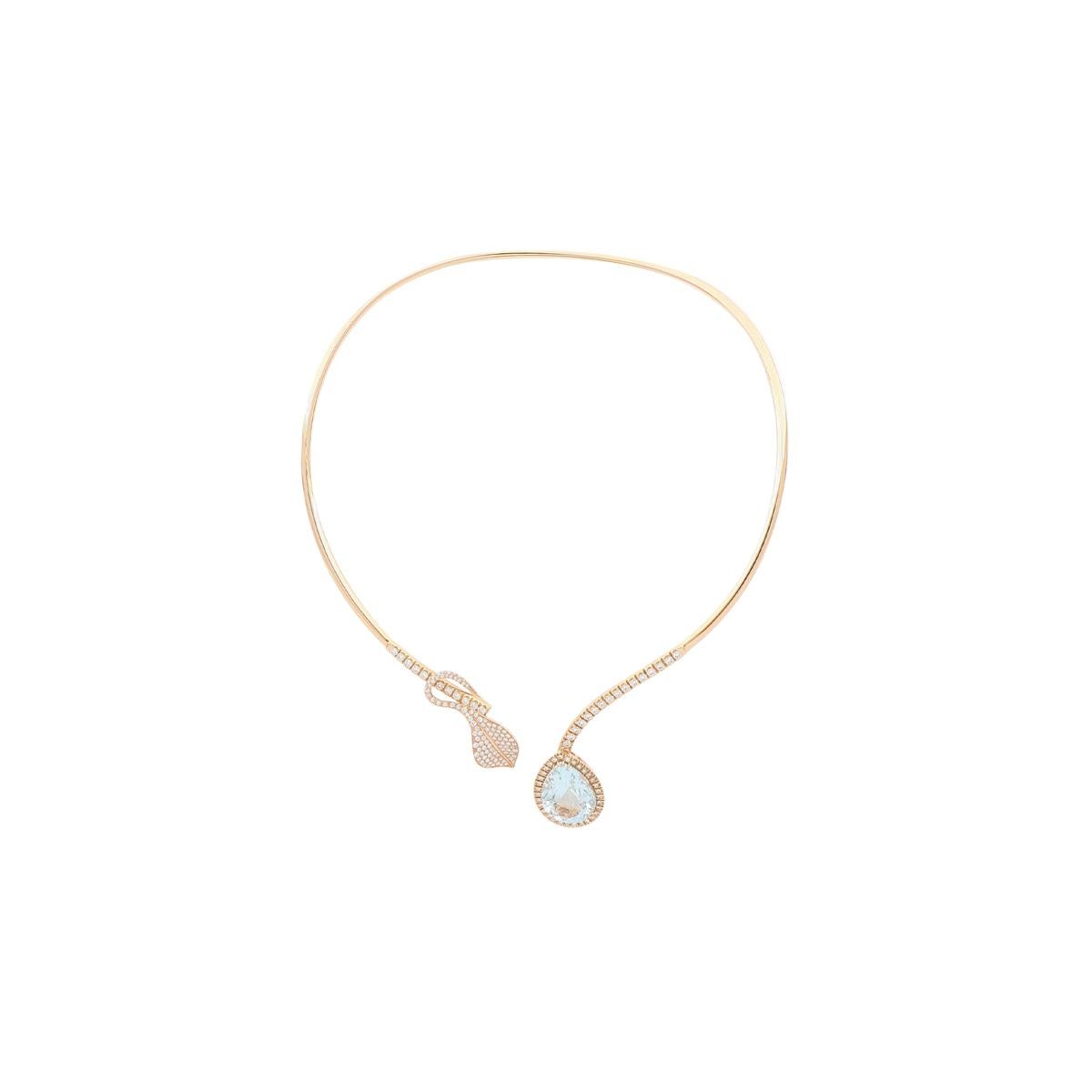 This 18 karat rose gold adjustable open collar necklace features a diamond-encrusted leaf on one end and a pear-cut aquamarine with a diamond halo on the other end. Being a March birthstone, aquamarine represents the transformation and rebirth of