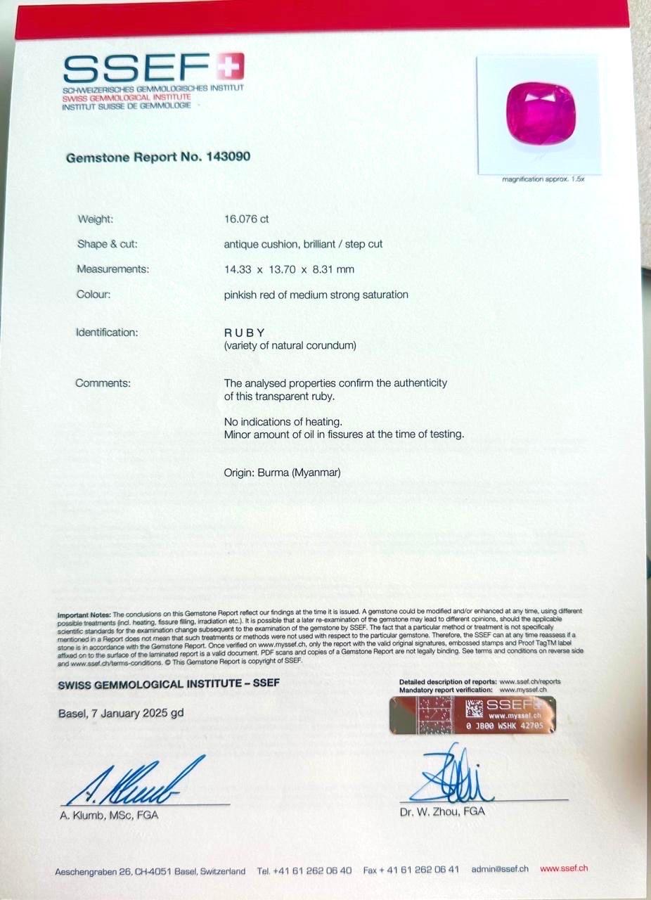 16,07Ct GRS SSEF Certificado Colección Mundial Rubí de Birmania de mayor tamaño sin calentar en venta 5