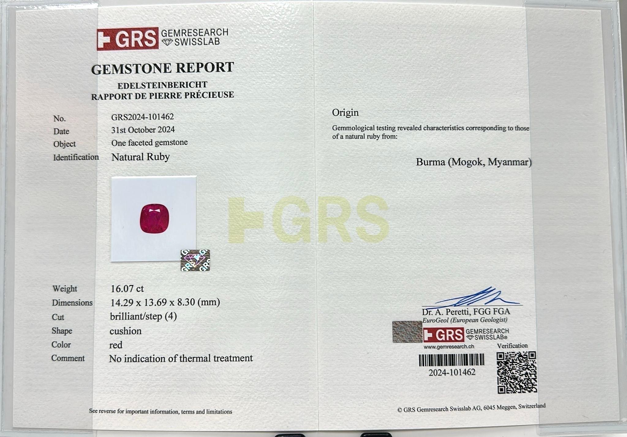 16,07Ct GRS SSEF Certificado Colección Mundial Rubí de Birmania de mayor tamaño sin calentar en venta 4