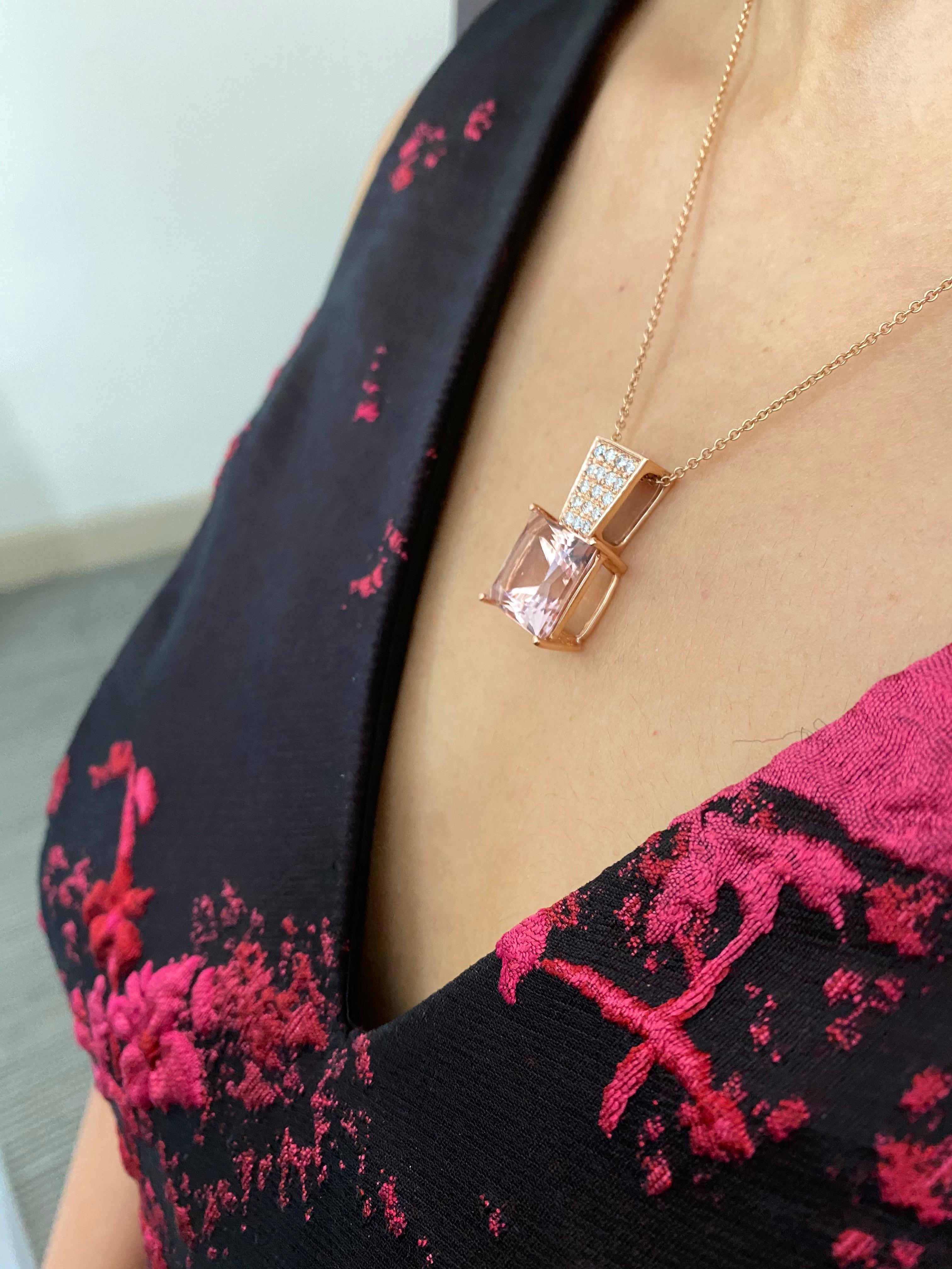 16.07ct Princess Cut Pink Morganite and Diamond Pendant Necklace 14K Rose Gold In New Condition For Sale In GREAT NECK, NY