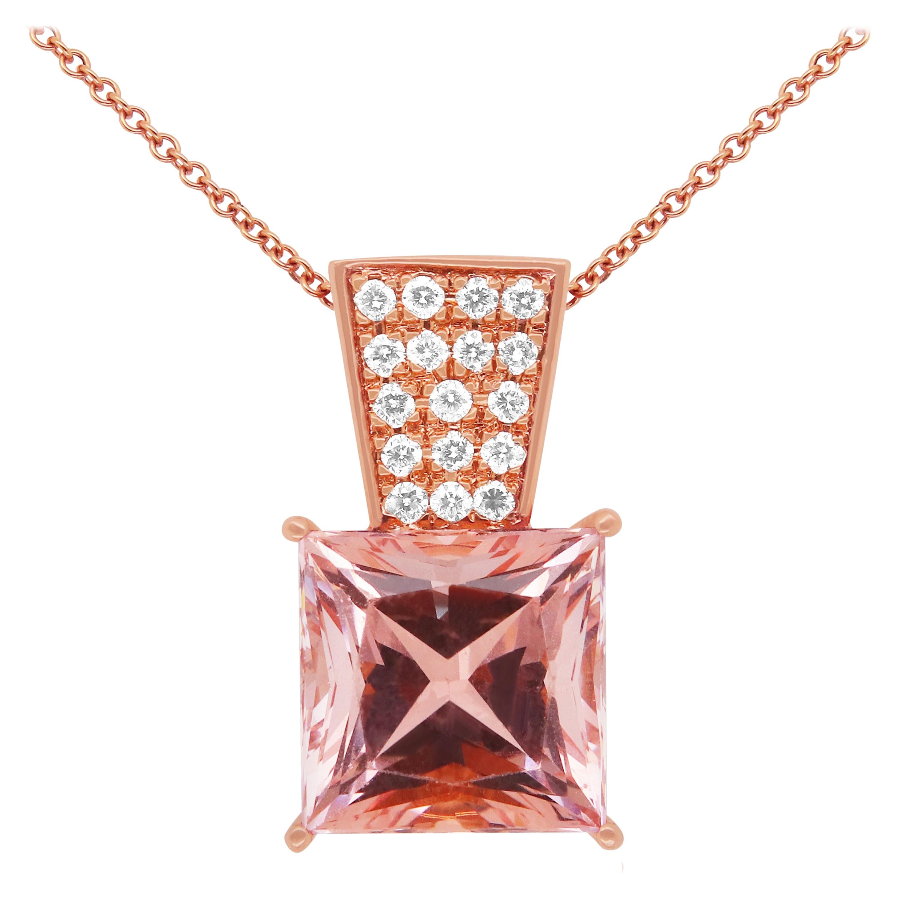 16.07Ct Princess Cut Pink Morganite and Diamond Pendant Necklace 14K Rose Gold For Sale