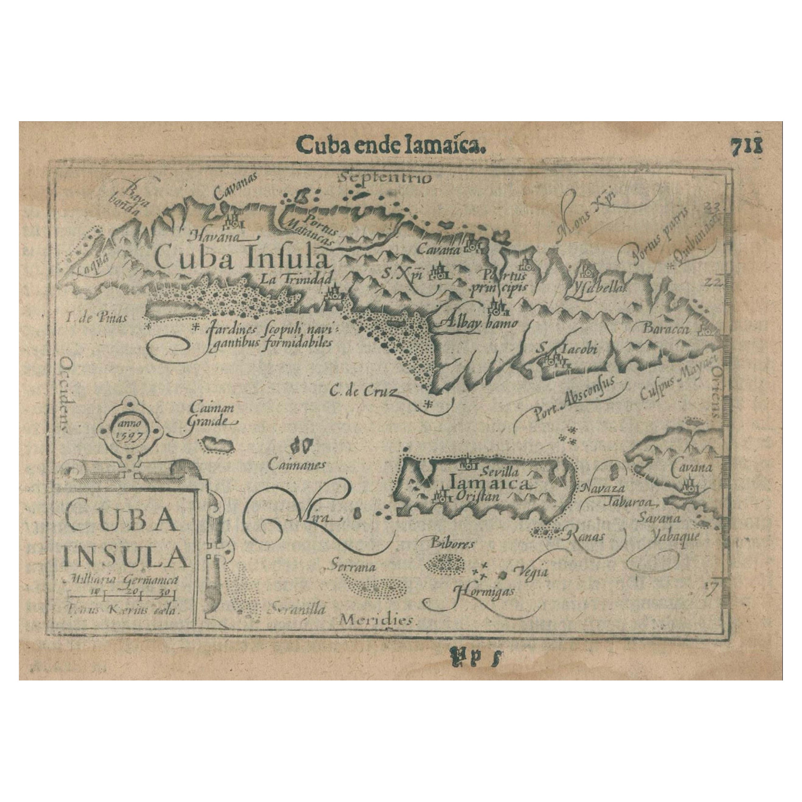 1609 Antique Map of Cuba and Jamaica by Cornelis Claesz, Rare Caribbean Map