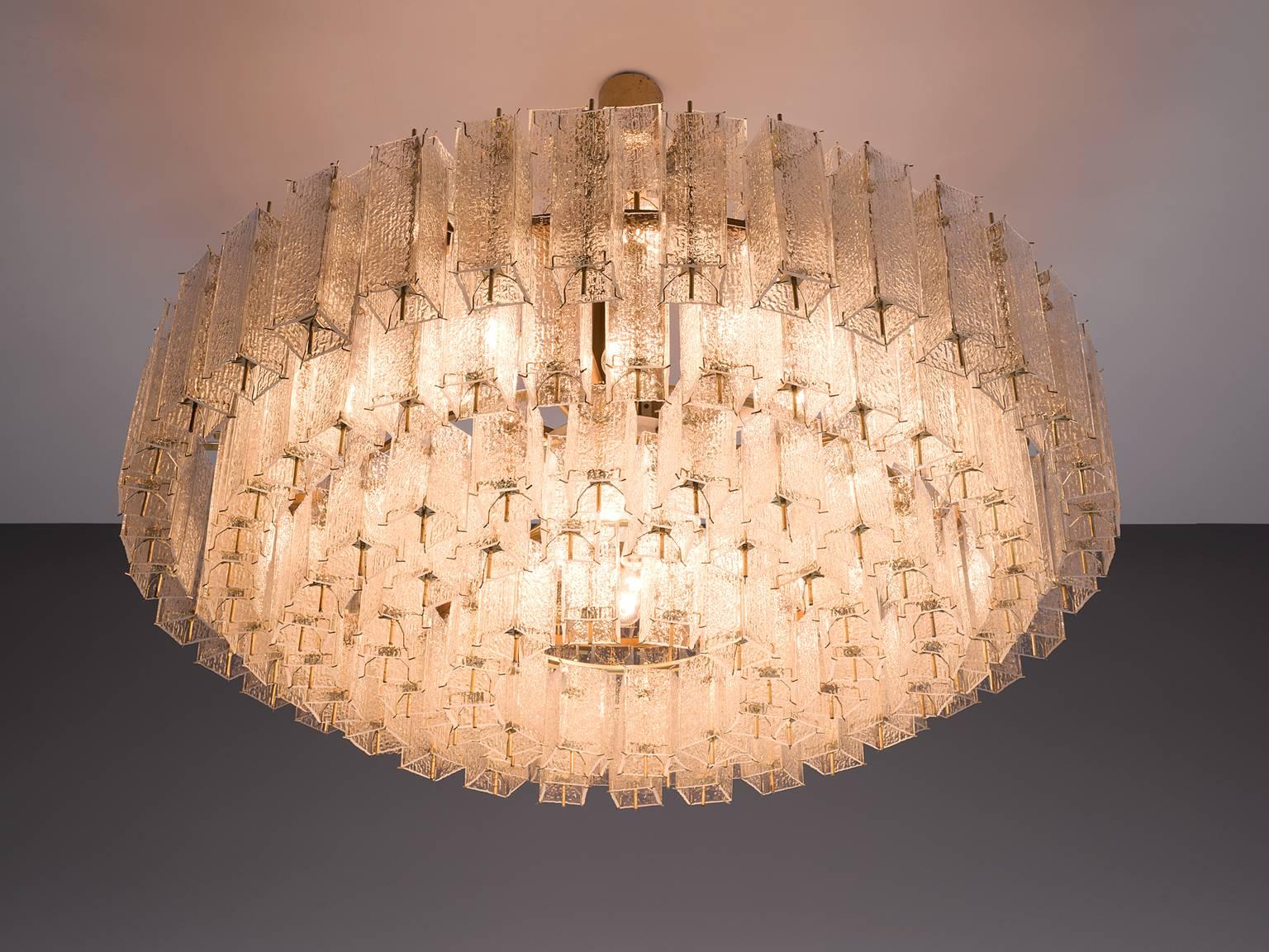 European Chandelier in Brass and Structured Glass