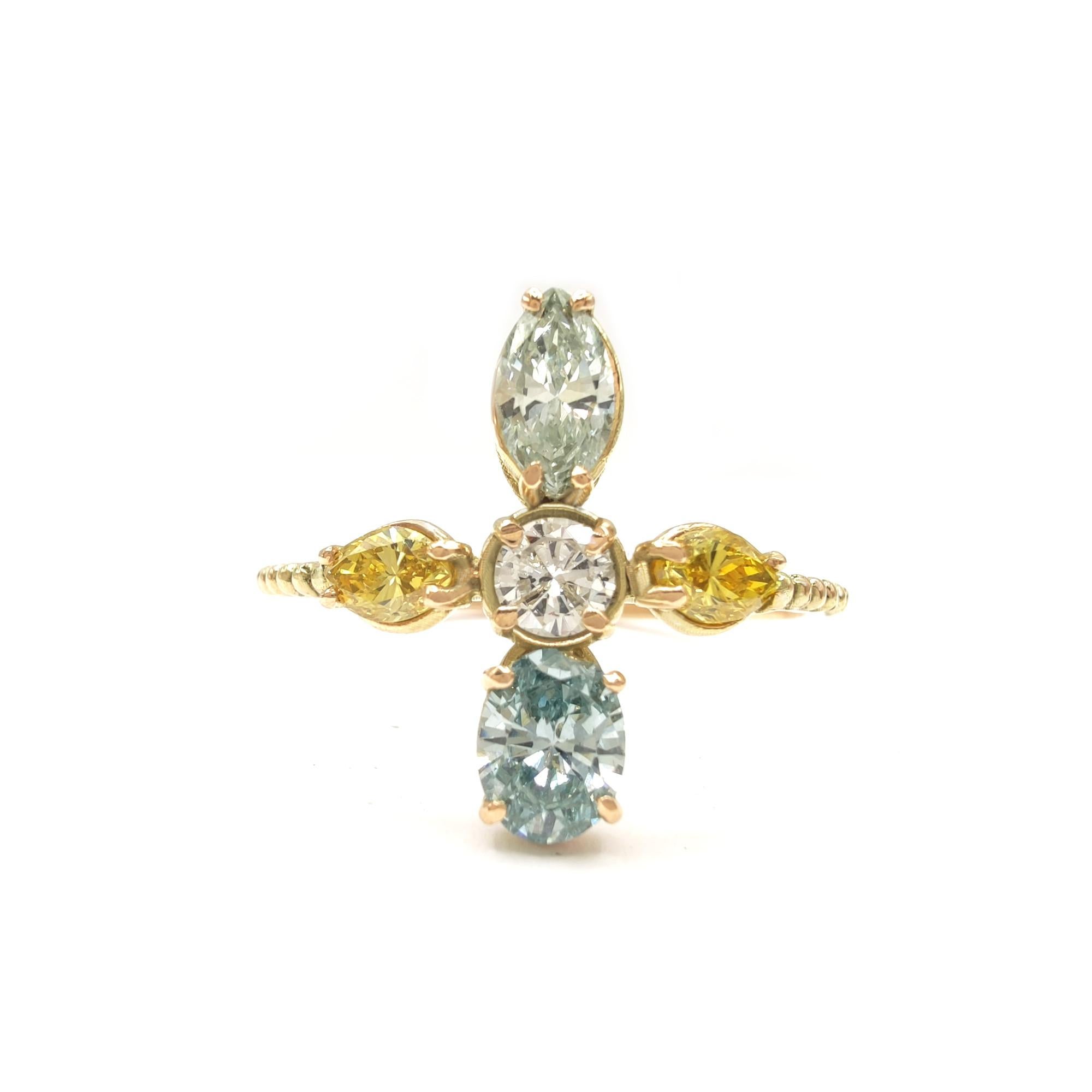 Brilliant Cut 1.60ct Colored Diamond Ring 14K Gold Fancy Yellow Greenish Blue Marquise Round For Sale