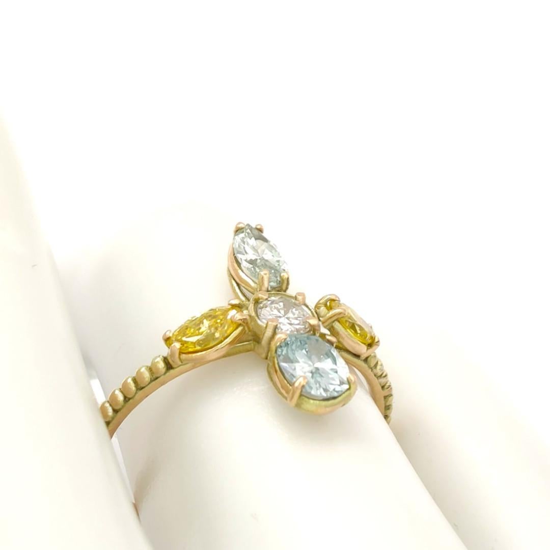 1.60ct Colored Diamond Ring 14K Gold Fancy Yellow Greenish Blue Marquise Round In New Condition For Sale In Sant Josep de sa Talaia, IB