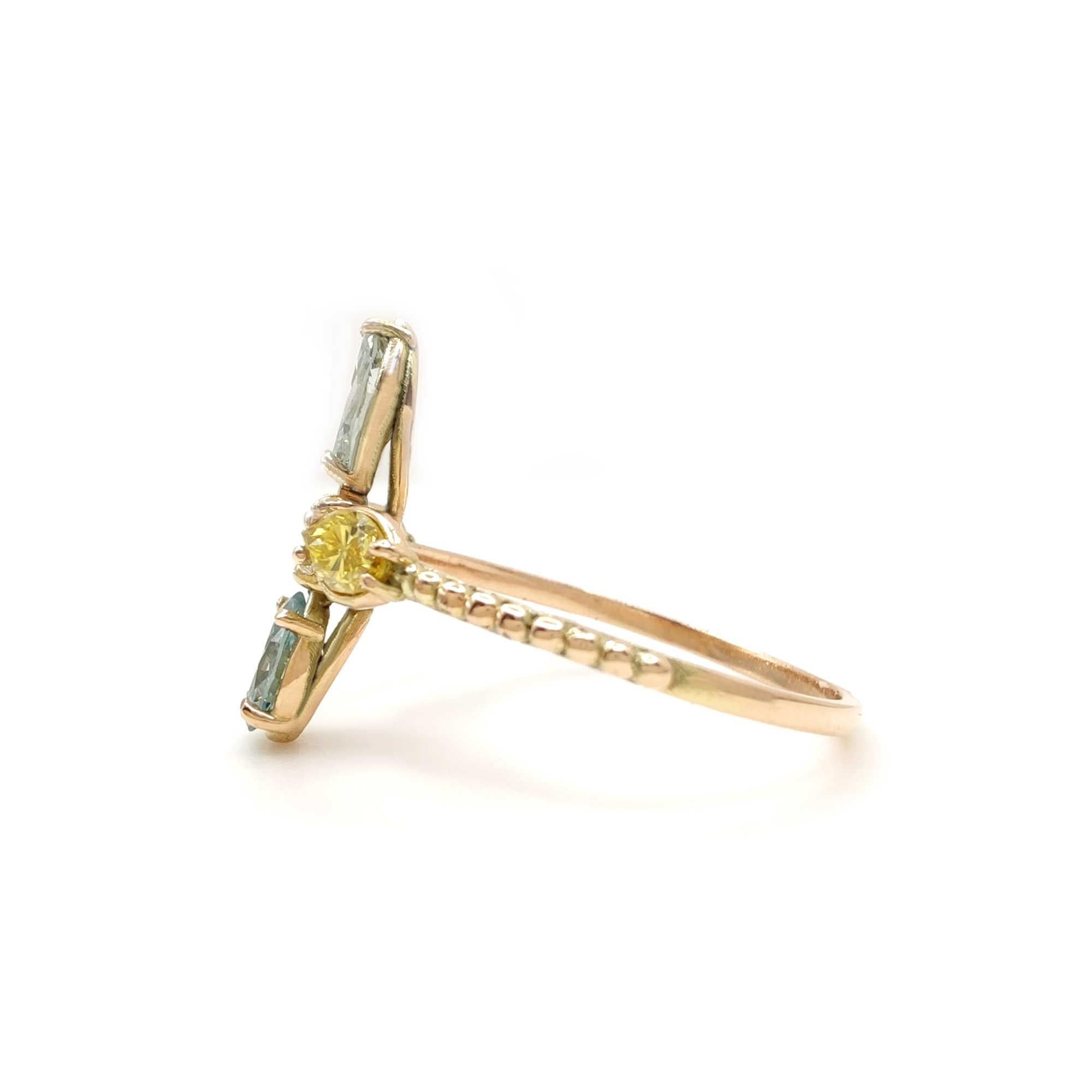 1.60ct Colored Diamond Ring 14K Gold Fancy Yellow Greenish Blue Marquise Round For Sale 1