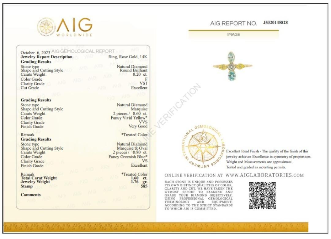 1.60ct Colored Diamond Ring 14K Gold Fancy Yellow Greenish Blue Marquise Round For Sale 2