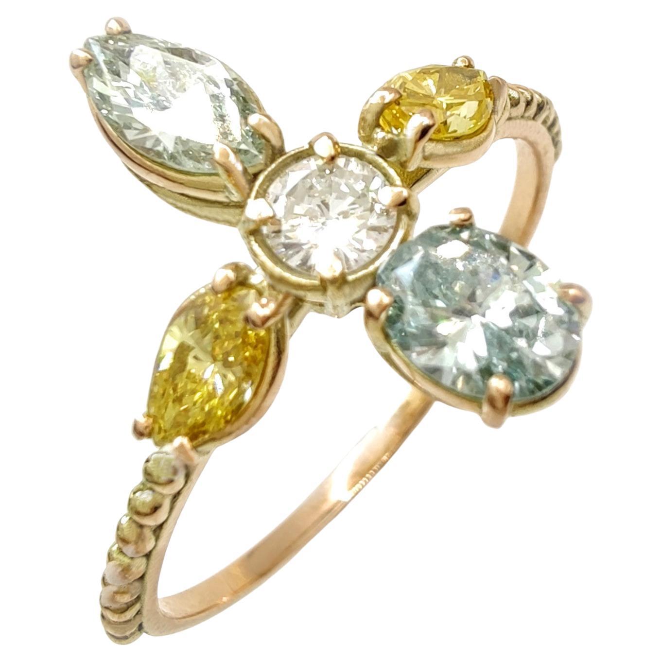1.60ct Colored Diamond Ring 14K Gold Fancy Yellow Greenish Blue Marquise Round For Sale