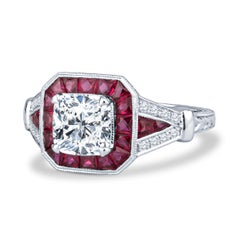 1.60ct Cushion Diamond, GIA Certified, with 1.23ct Ruby Accent Vintage Inspired