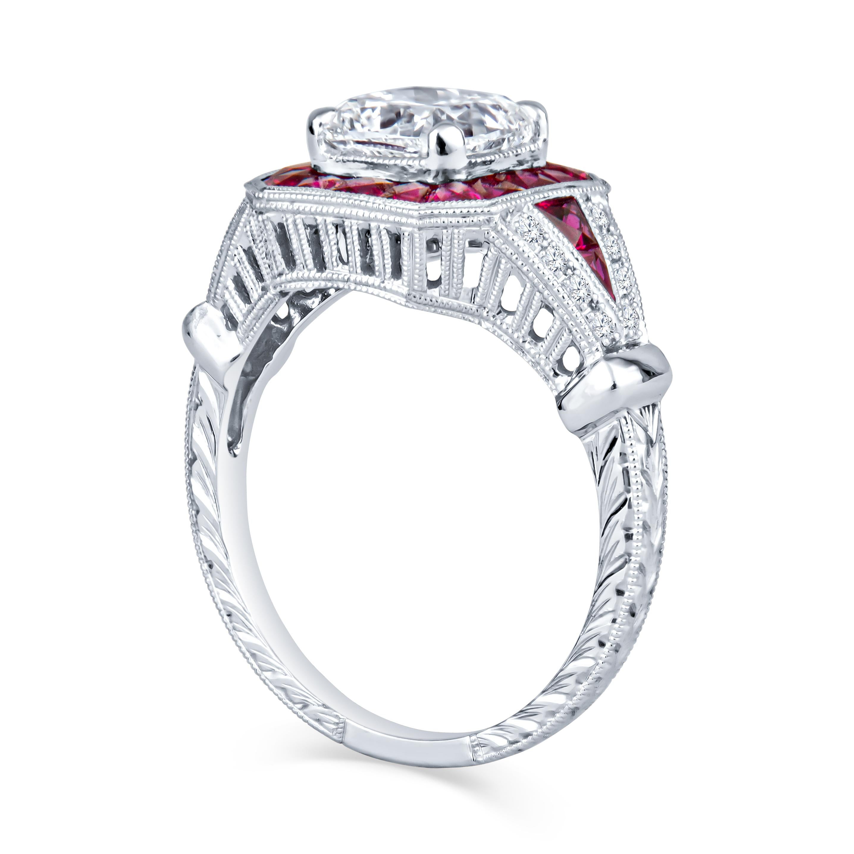 Cushion Cut 1.60ct Cushion Diamond, GIA Certified, with 1.23ct Ruby Accent Vintage Inspired For Sale