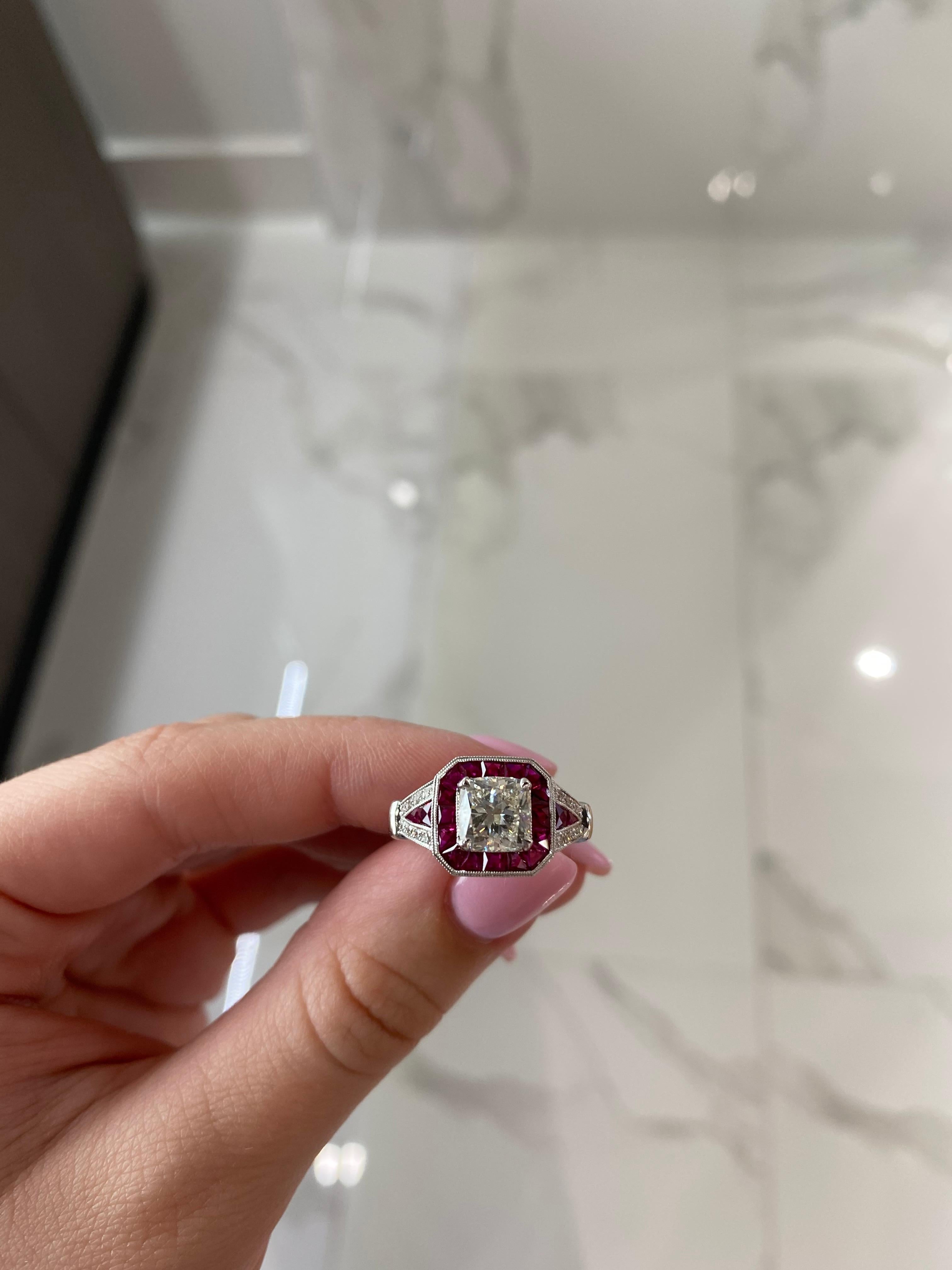 1.60ct Cushion Diamond, GIA Certified, with 1.23ct Ruby Accent Vintage Inspired For Sale 3