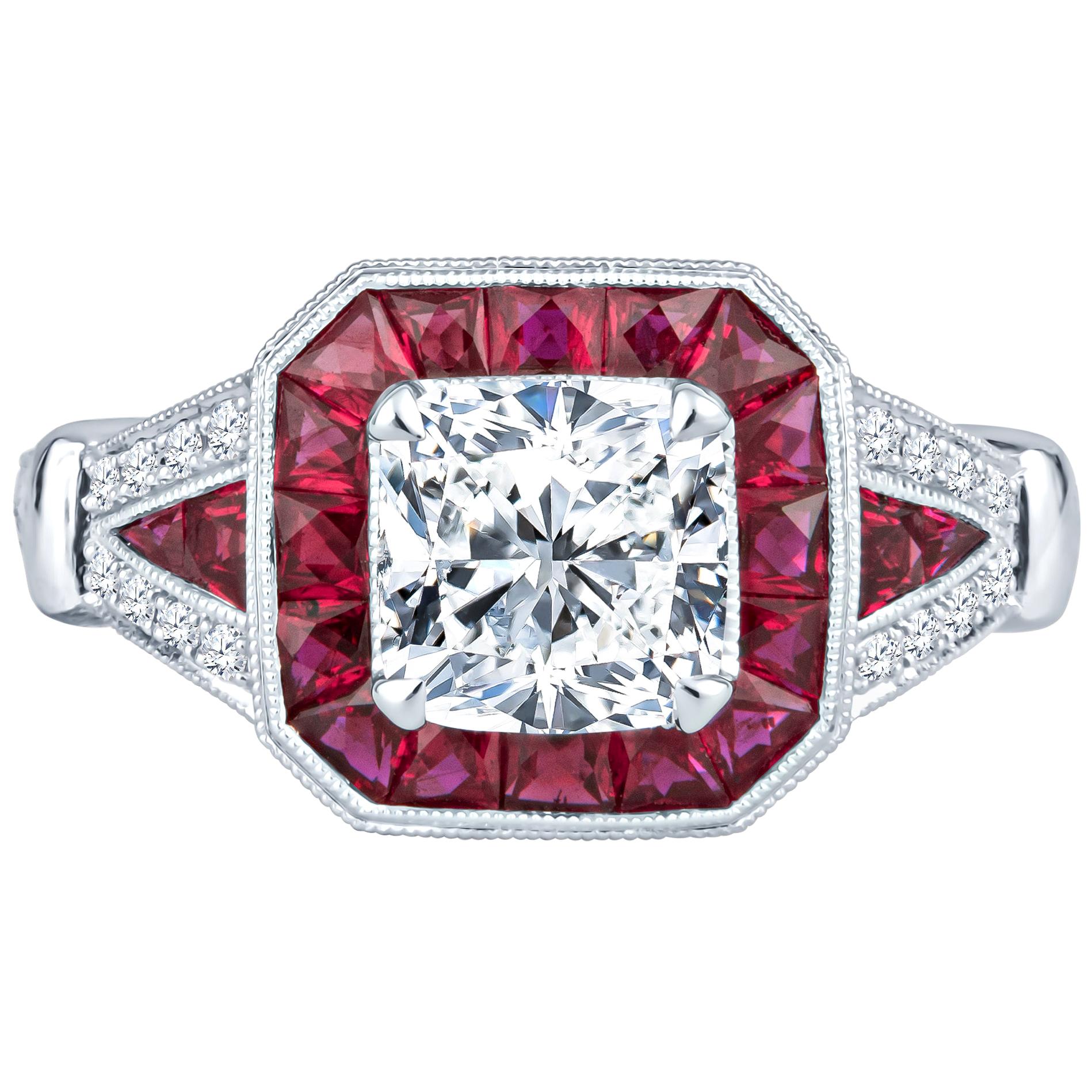 1.60ct Cushion Diamond, GIA Certified, with 1.23ct Ruby Accent Vintage Inspired For Sale