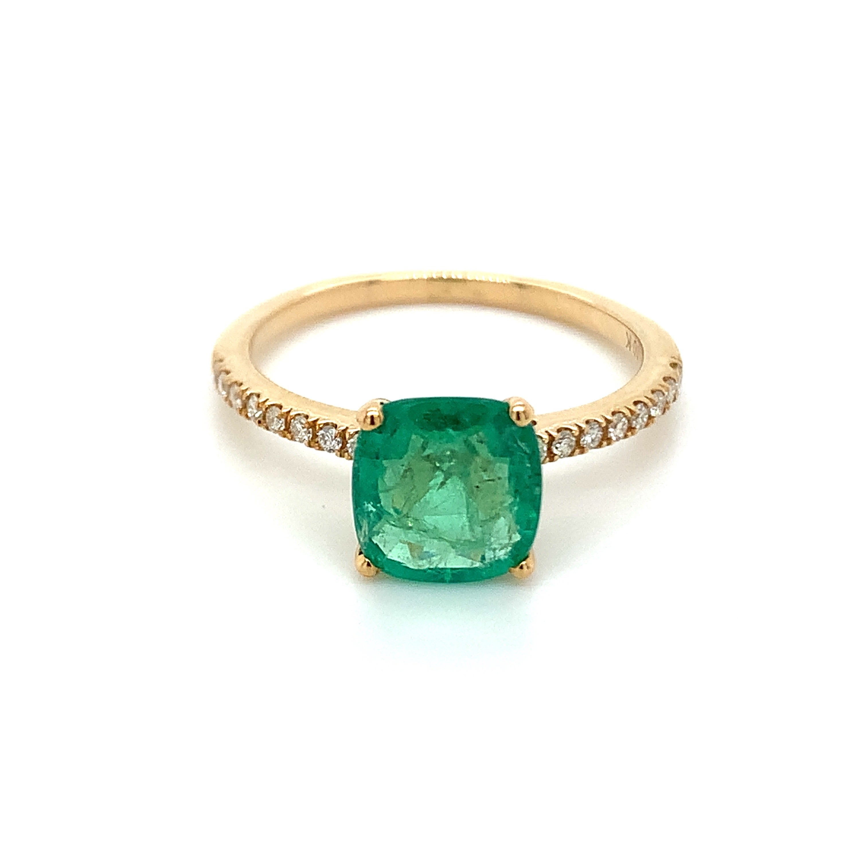 1.60ct Cushion Emerald Ring with Diamond in 10k Yellow Gold For Sale