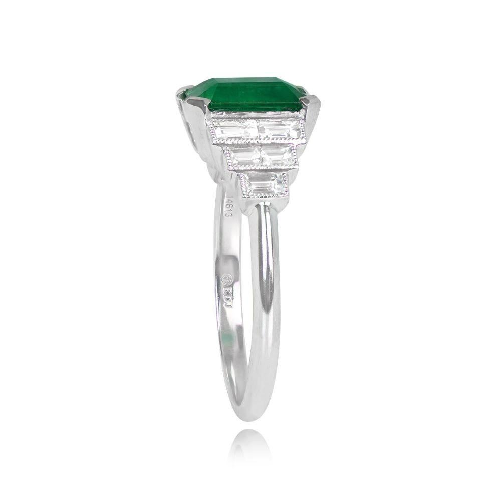 Art Deco 1.60ct Emerald Cut Natural Emerald Engagement Ring, Platinum For Sale