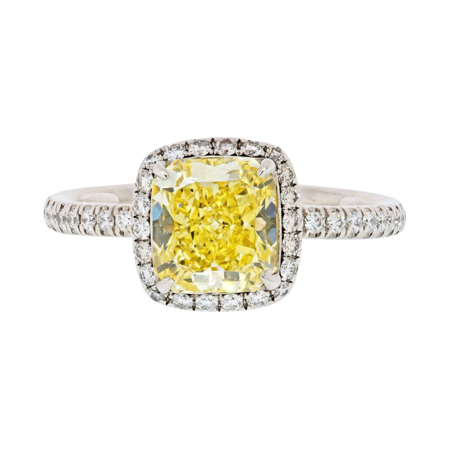 1.60ct Fancy Yellow Cushion Cut Halo Set Diamond Engagement Ring