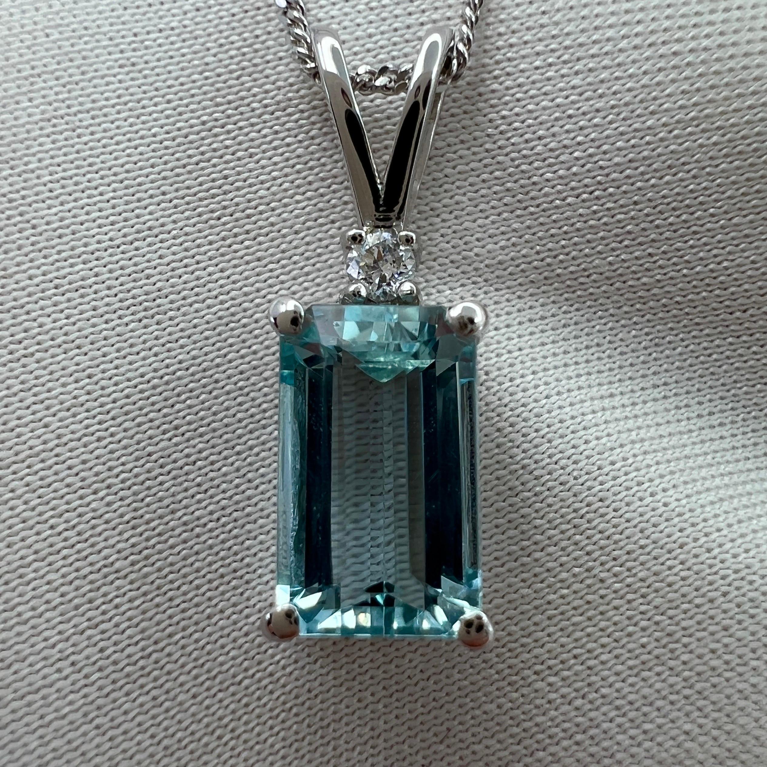 Fine Blue Emerald Cut Aquamarine & Diamond Platinum Pendant Necklace.

1.60 Carat Aquamarine with a stunning fine blue colour and excellent clarity, very clean stone with only some very small natural inclusions visible when looking closely.
Set in a