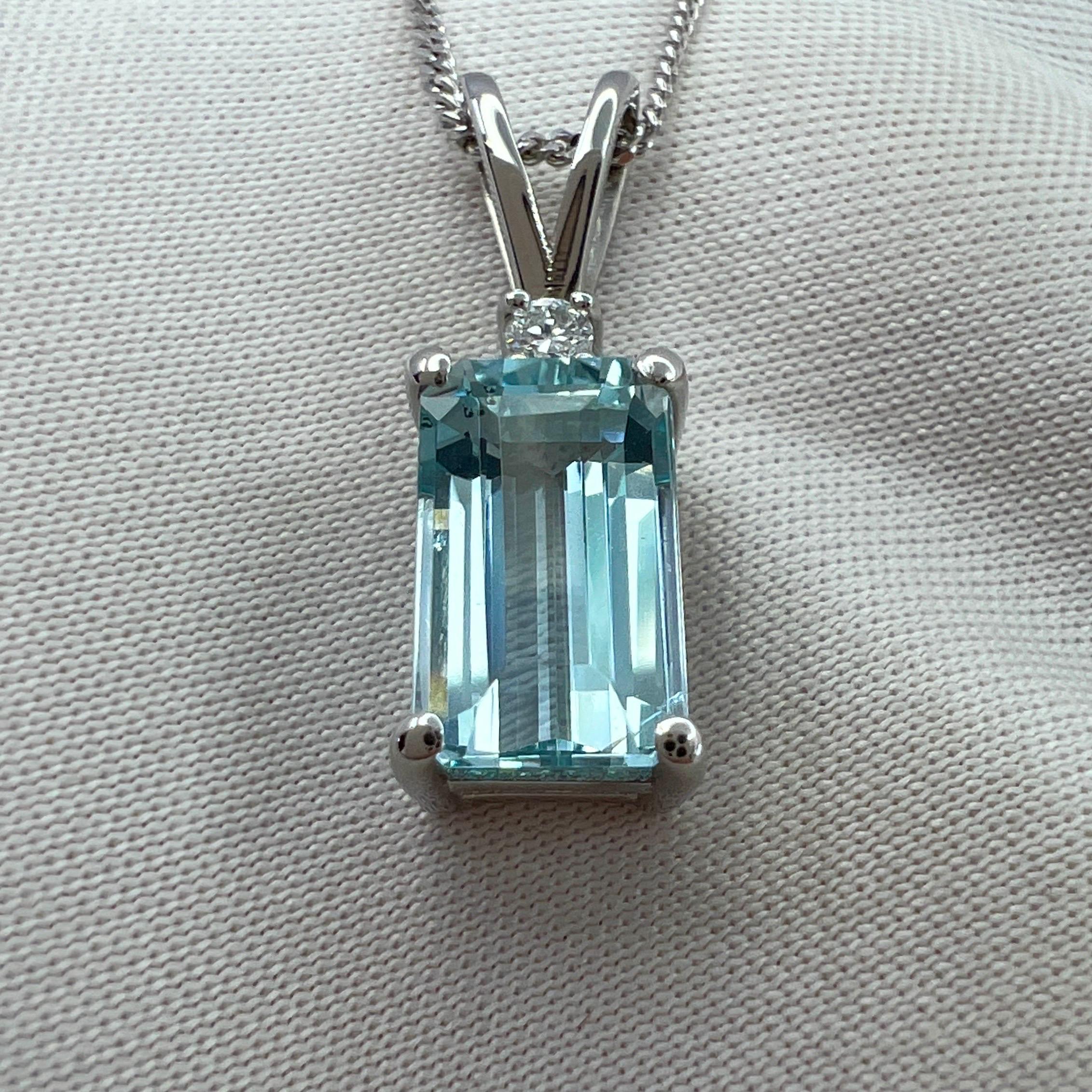 Art Deco 1.60ct Fine Blue Emerald Cut Aquamarine & Diamond 950 Platinum Pendant Necklace For Sale