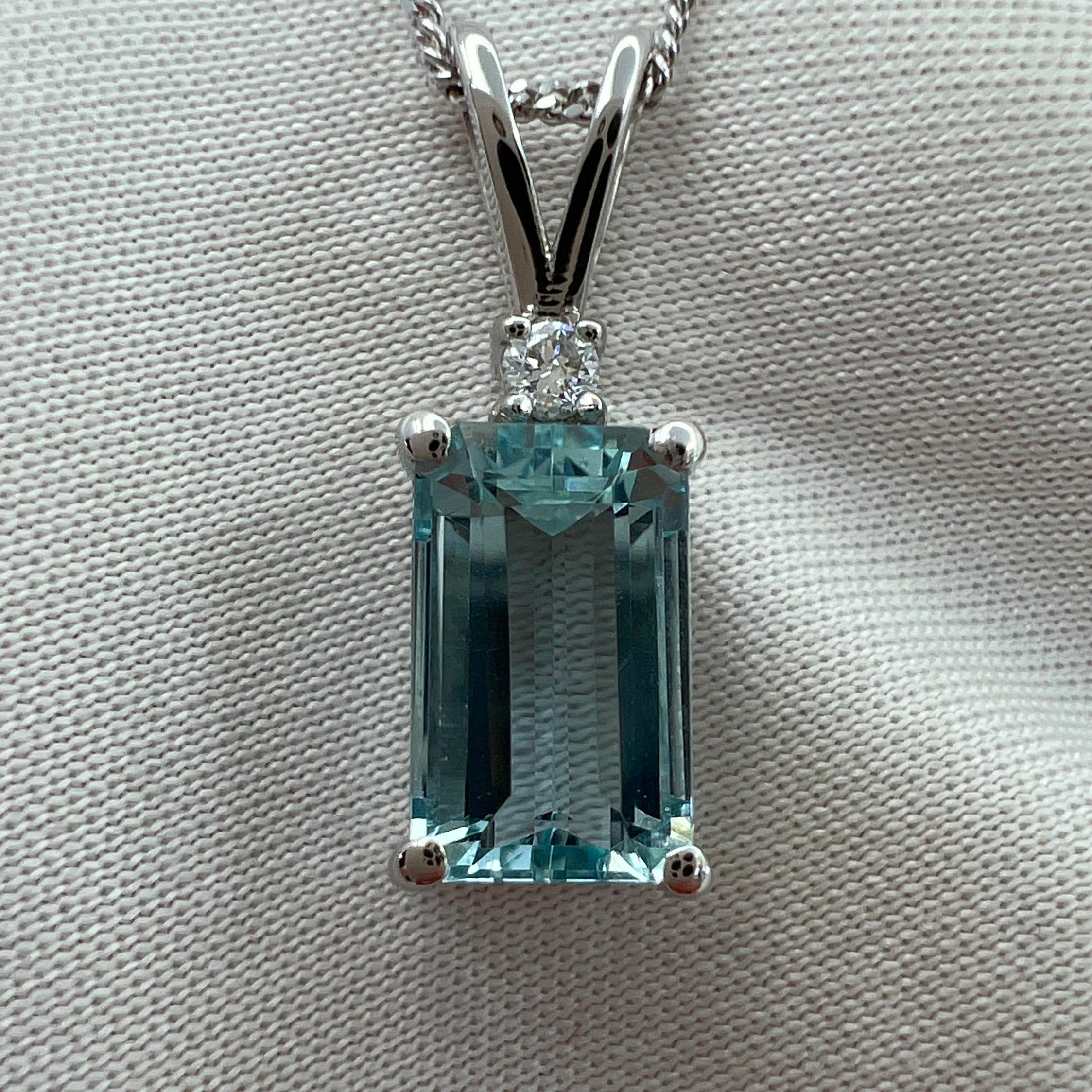 Women's or Men's 1.60ct Fine Blue Emerald Cut Aquamarine & Diamond 950 Platinum Pendant Necklace For Sale