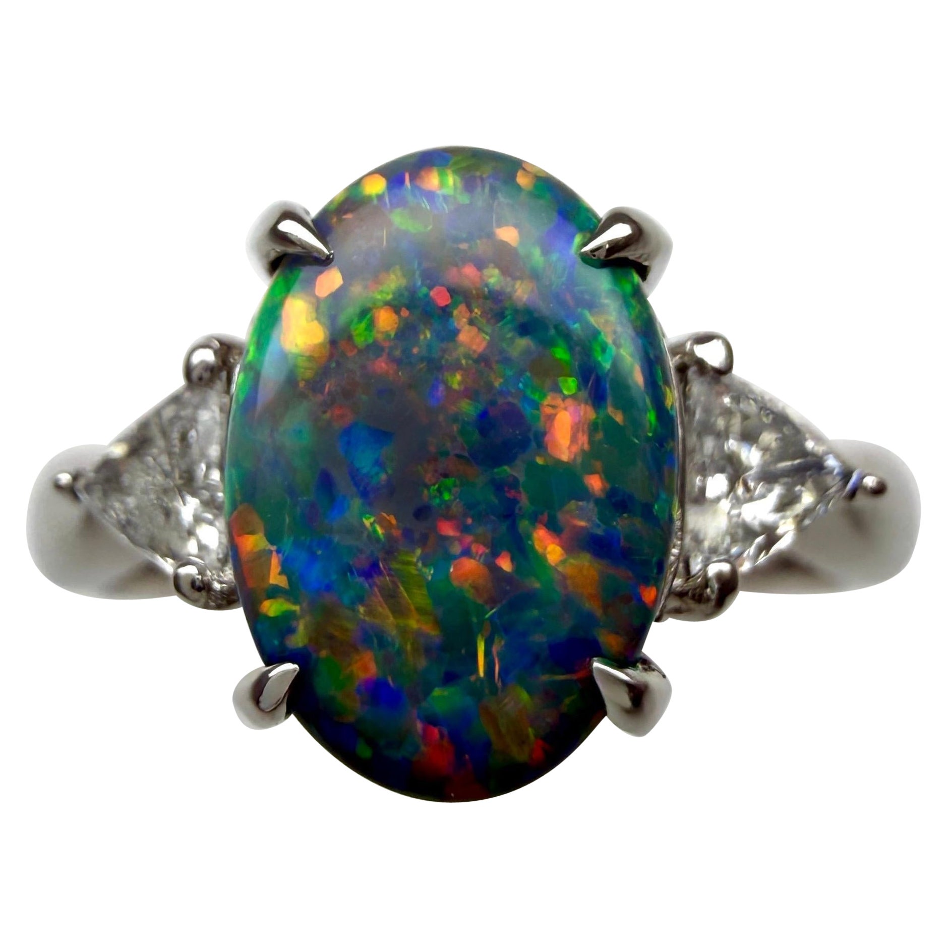 1,60ct FINE Top Grade Australischer Schwarzer Opal & Diamant Drei Stein Platin Ring