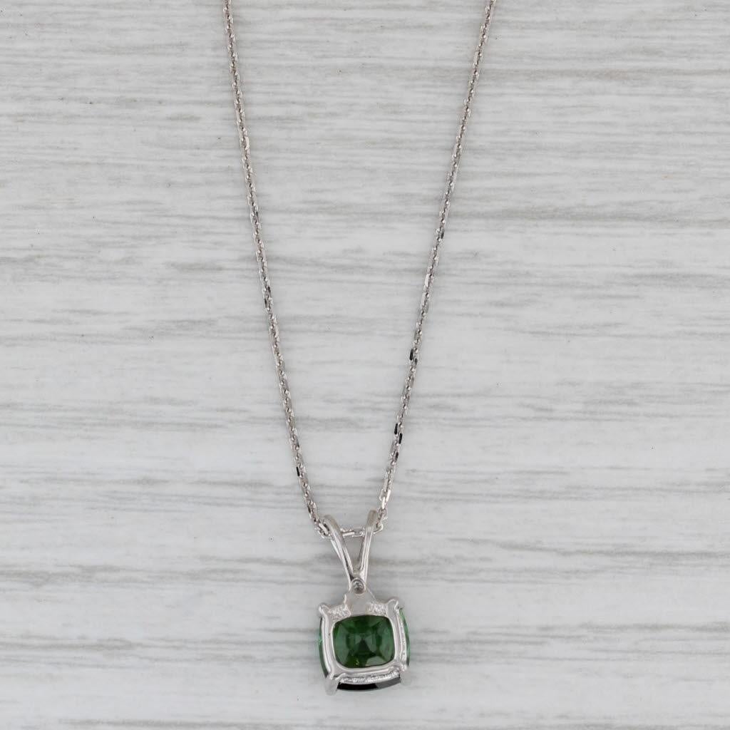 Gemstone Information:
- Natural Tourmaline -
Carats - 1.60ct 
Cut - Cushion
Color - Green

- Natural Diamonds -
Small single cut accent

Metal: 14k White Gold
Weight: 2.5 Grams 
Stamps: 14k
Chain Style: Cable Chain
Closure: Lobster Clasp
Length: