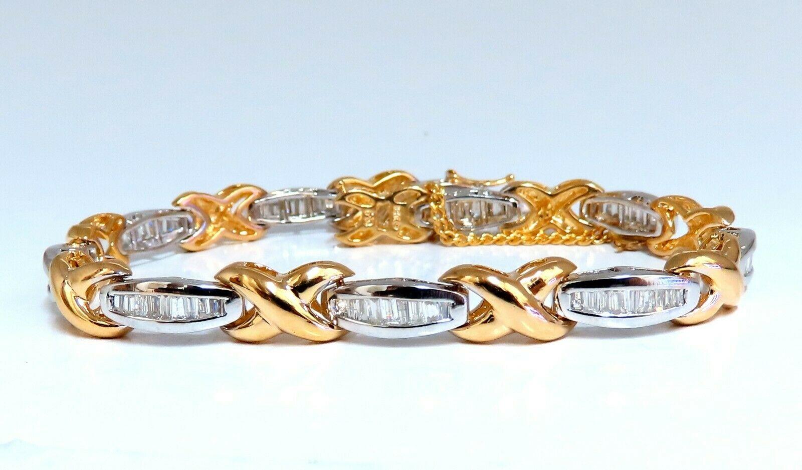 Women's or Men's 1.60ct Natural Baguette Diamonds x Bracelet 14 Karat Two-Tone & Safe Chain For Sale