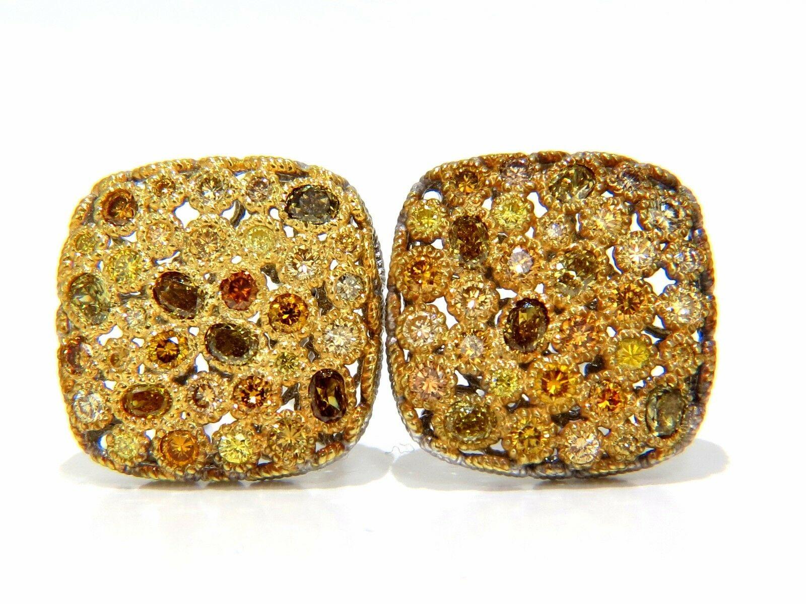 1.60ct. Natural Fancy color diamonds clip earrings.

Fancy Yellow, Orange, Brown, and olive.

Vs-1 Vs-2 & Si-1 clarity.

Oval and rounds, full cuts.

Selected from the finest color diamonds.

8 Grams.

14kt. white gold.

18.2mm Diameter

Comfortable