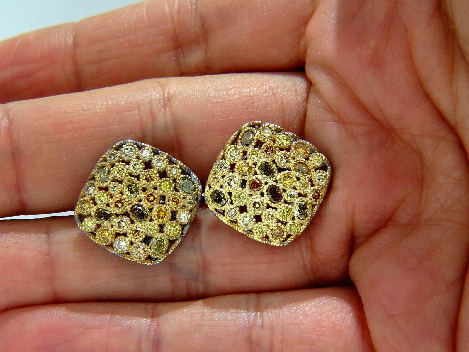 Clips d'oreilles cocktail en or 14 carats avec diamants naturels de couleur fantaisie de 1,60 carat en vente 2