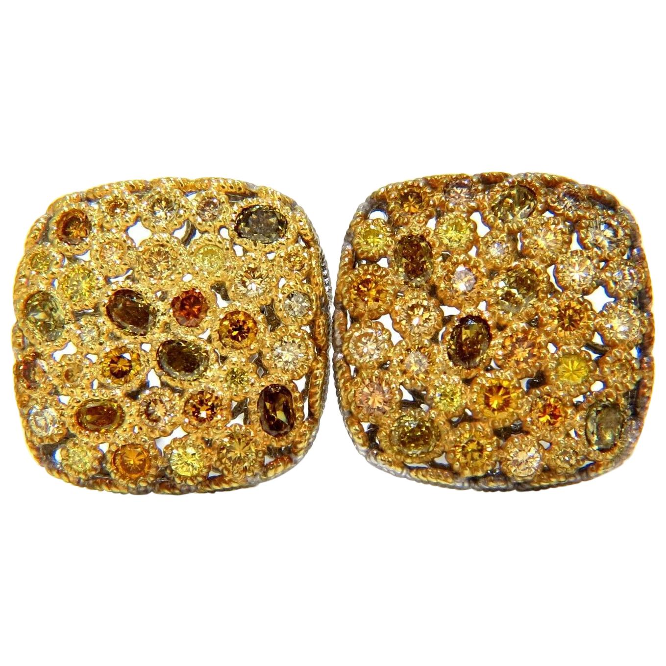 Clips d'oreilles cocktail en or 14 carats avec diamants naturels de couleur fantaisie de 1,60 carat en vente