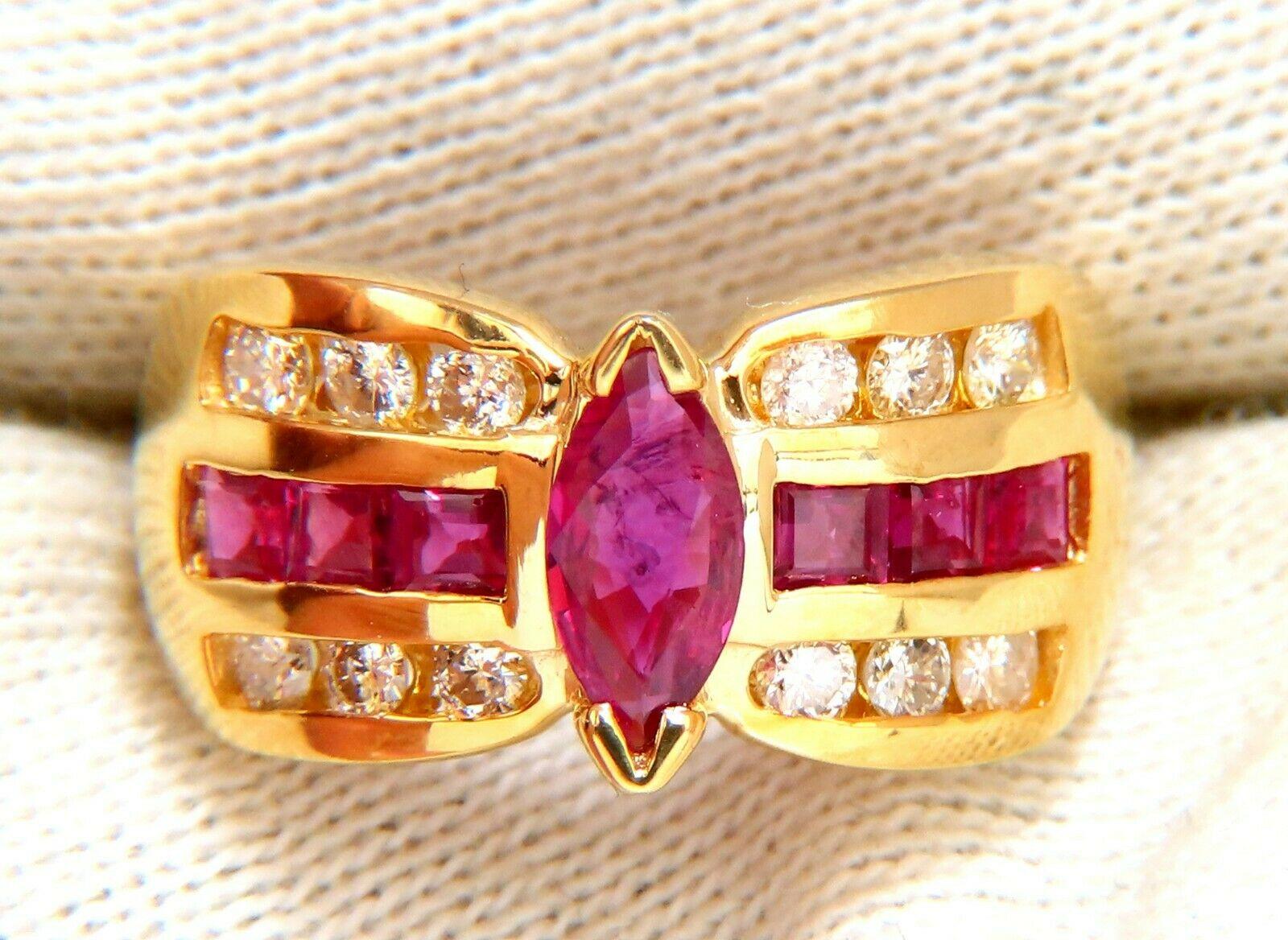 Retro Ruby Cathedral 

.50ct. Natural Marquise Ruby Ring.

 Brilliant full cut.

Excellent transparency.

Vs Clean clarity.

7 X 3.5mm



 .60ct. Round diamonds 

Brilliant, Full cut.

I-color, Si-2 clarity.



Additional side ruby: .50ct



5.3