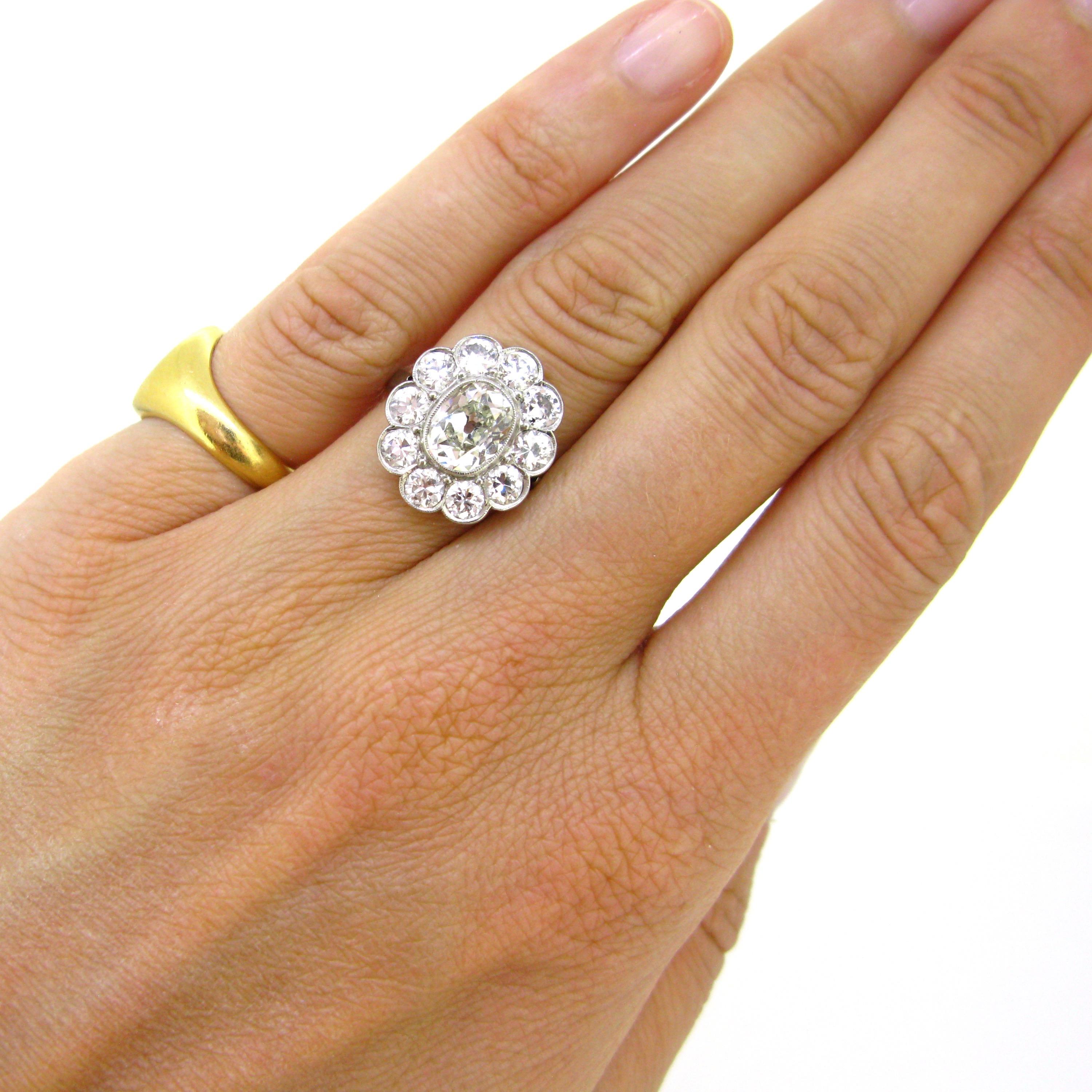 1.60 Carat Oval Cushion Cut Diamond Cluster Edwardian Platinum Engagement Ring 1