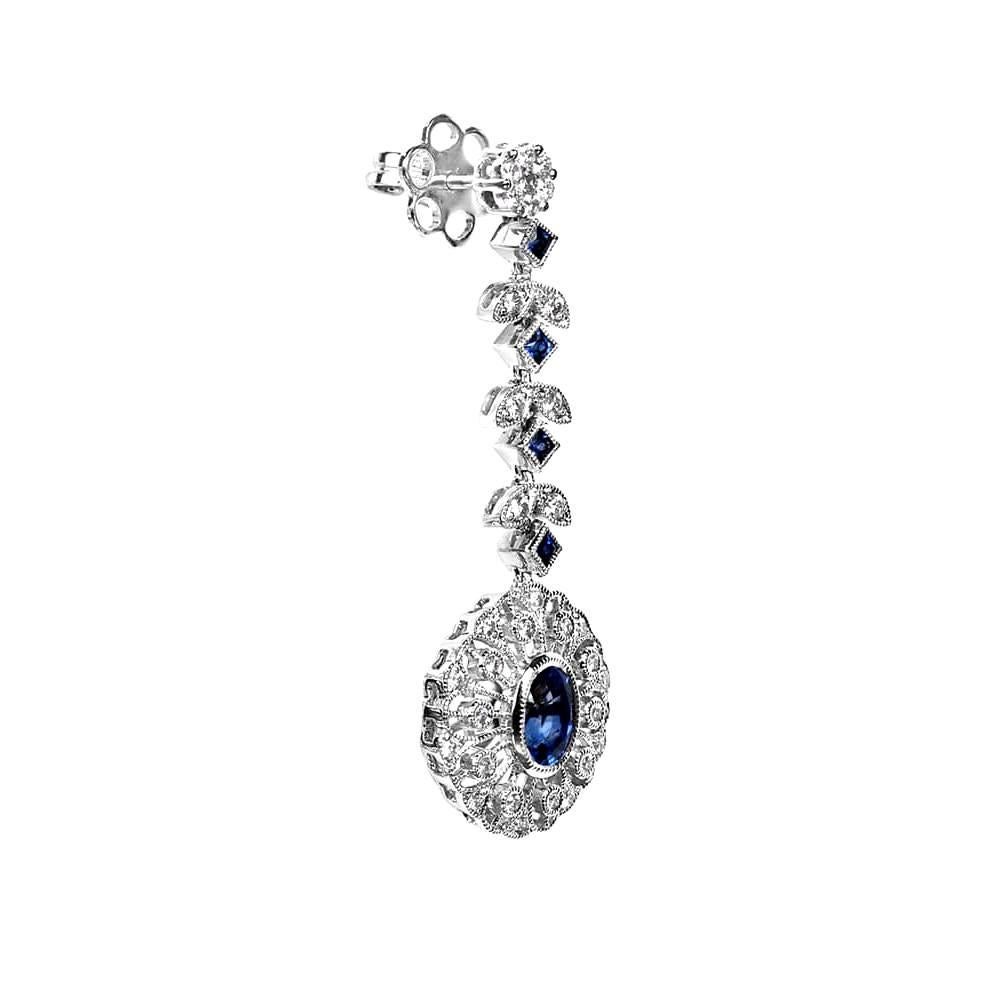 Art Deco 1.60ct Oval Cut Sapphire Earrings, Diamond Halo, 18k White Gold