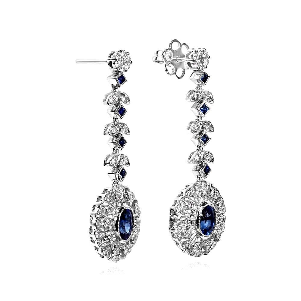 Women's 1.60ct Oval Cut Sapphire Earrings, Diamond Halo, 18k White Gold