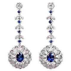 1.60ct Oval Cut Sapphire Earrings, Diamond Halo, 18k White Gold