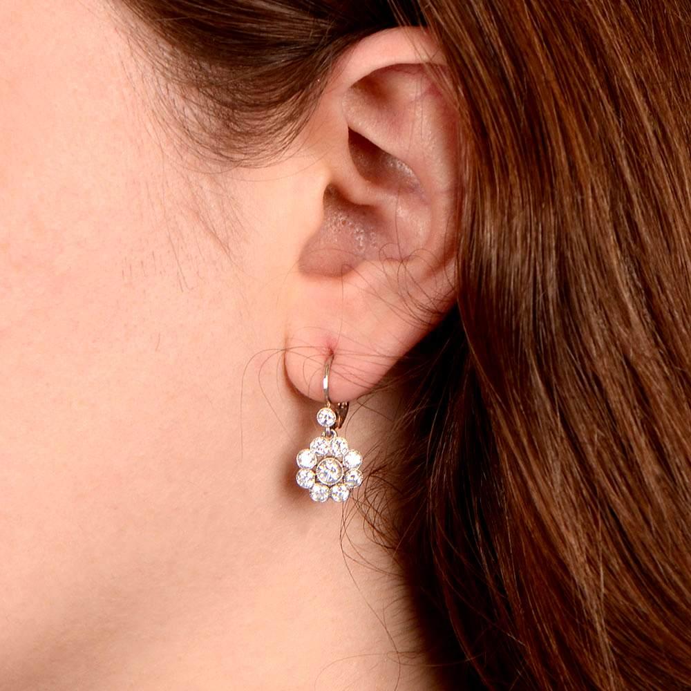Art Deco 1.60ct Round Cut Diamond Earrings, Clustered Diamond Halo, 18k Gold, Platinum For Sale