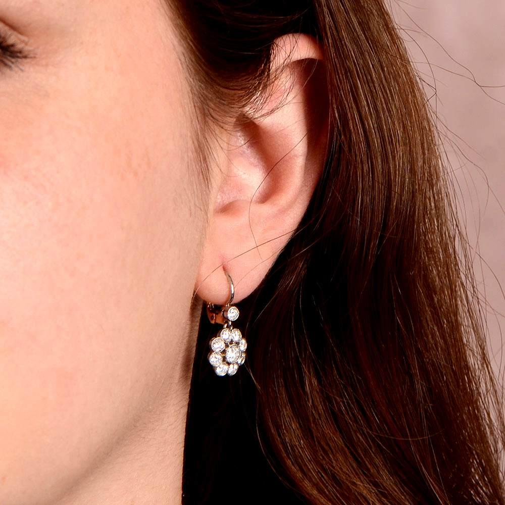Women's 1.60ct Round Cut Diamond Earrings, Clustered Diamond Halo, 18k Gold, Platinum For Sale
