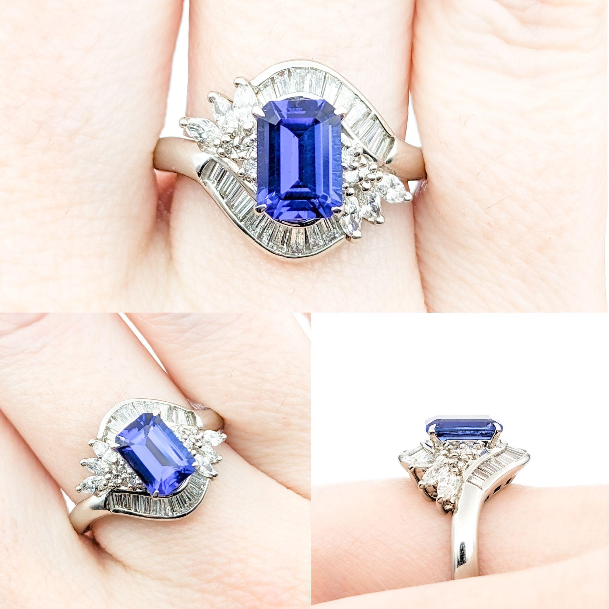 1.60ct Tanzanite & 0.80ctw Diamond Ring In Platinum

This stunning ring, masterfully crafted in 900 platinum, features a mesmerizing 1.60ct Tanzanite centerpiece, beautifully complemented by 0.80ctw of baguette and marquise diamonds. These diamonds,