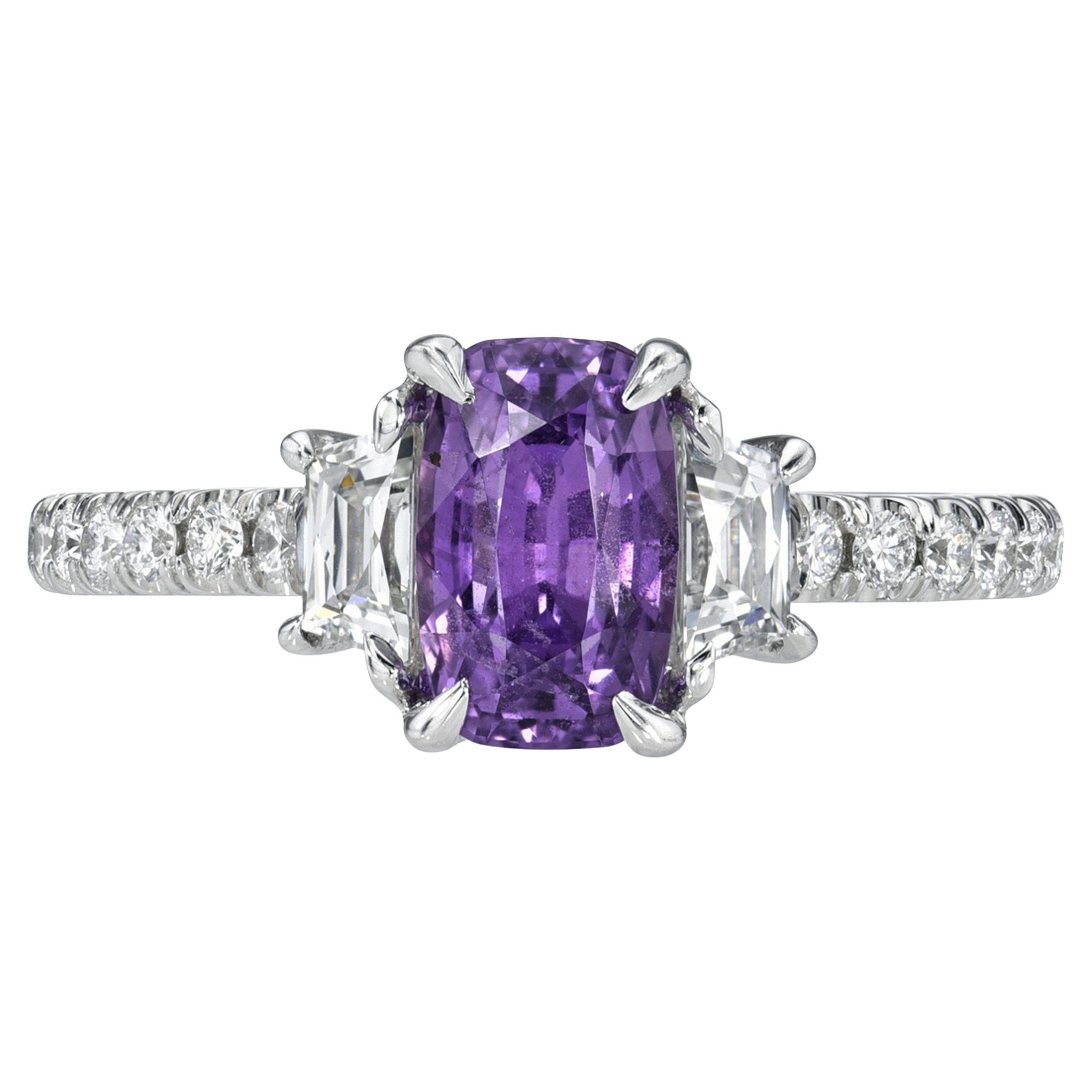 1.60ct Unheated Purple Sapphire Cushion Platinum 3-Stone Ring AGL - Merkaba