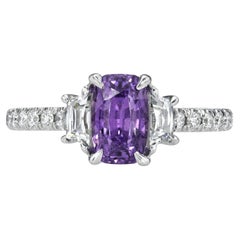 1.60ct Unheated Purple Sapphire Cushion Platinum 3-Stone Ring AGL - Merkaba
