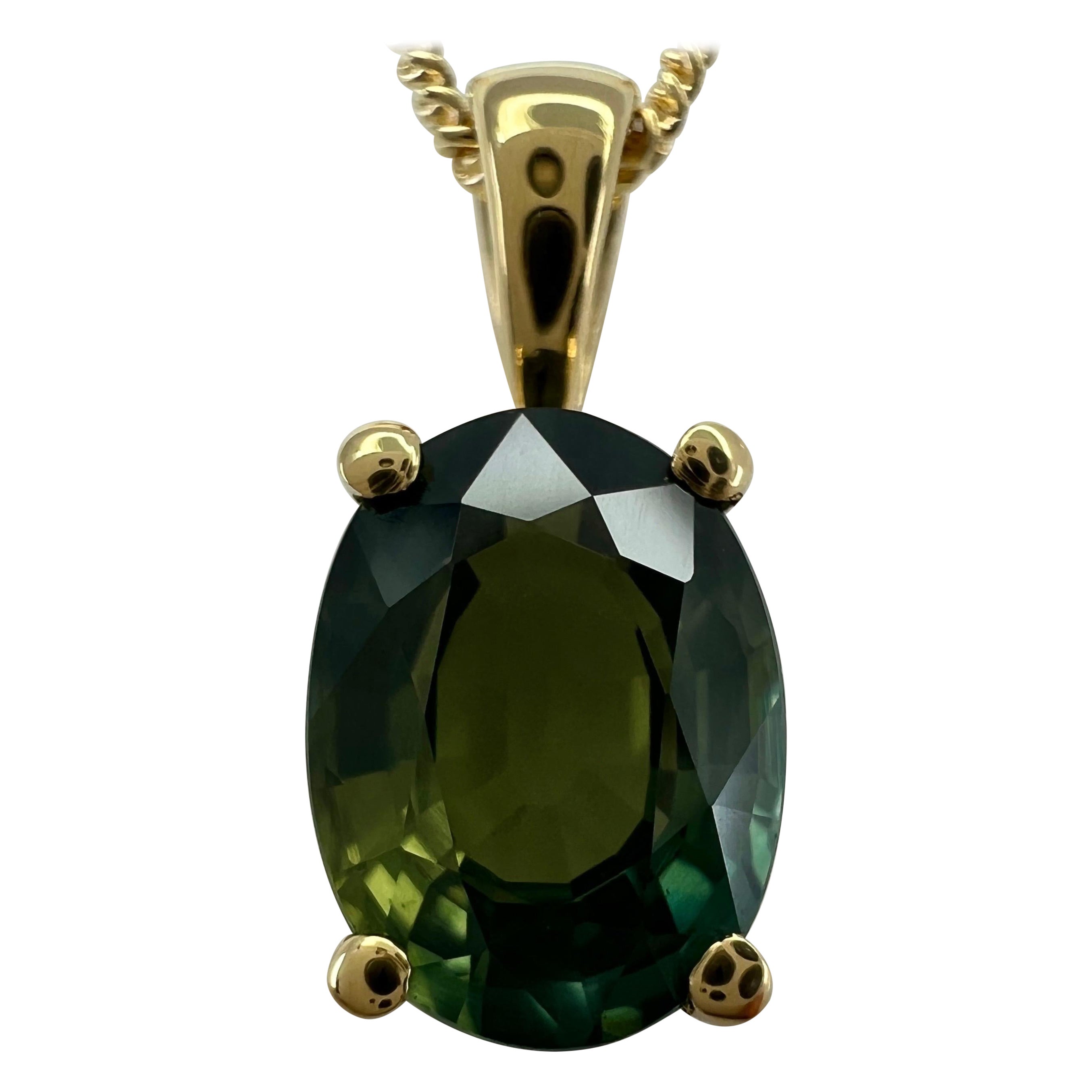 Pendentif solitaire en or jaune 18 carats avec saphir d'Australie vert vif de 1,60 carat, taille ovale