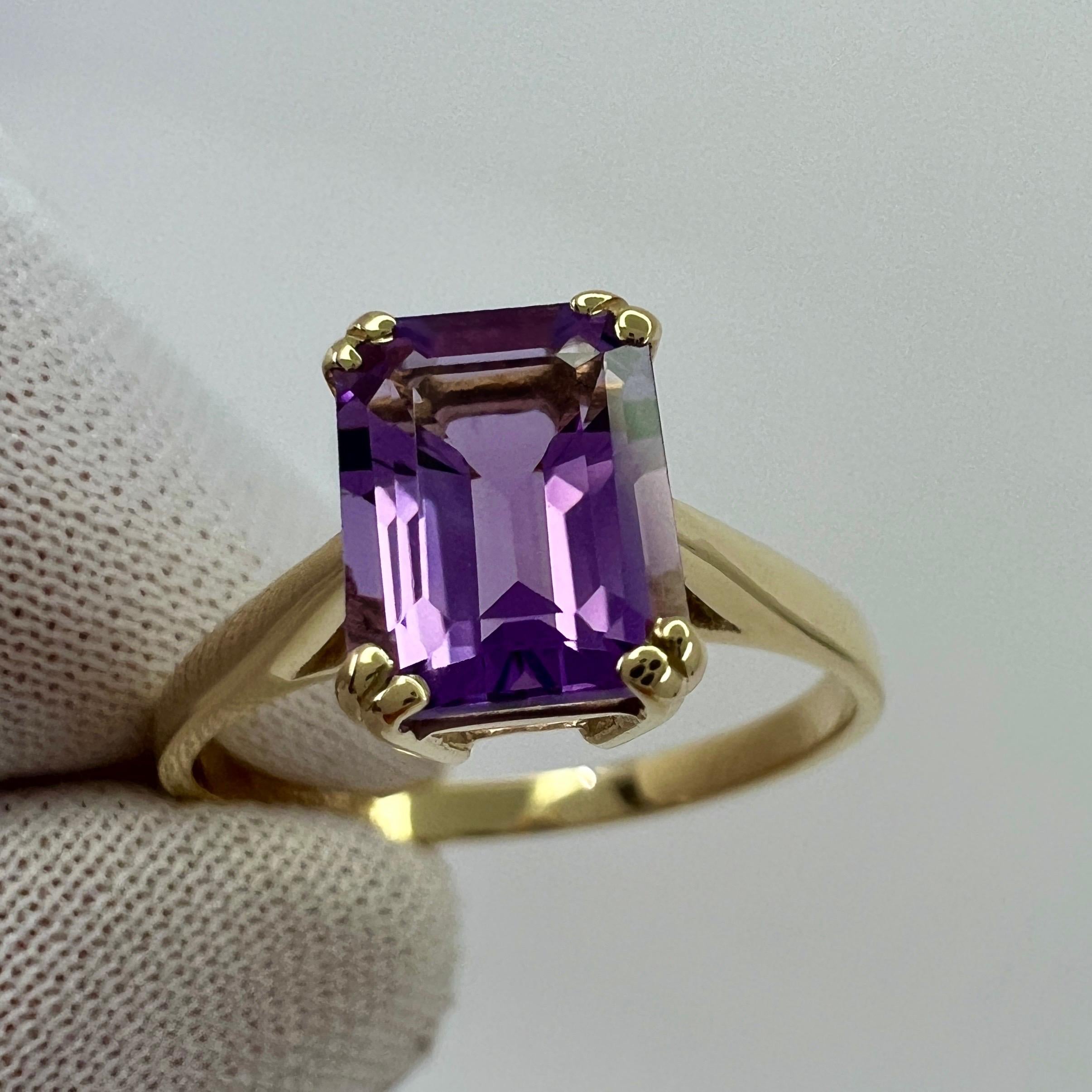 1.60ct Vivid Purple Amethyst Emerald Octagonal Cut 9k Yellow Gold Solitaire Ring For Sale 5