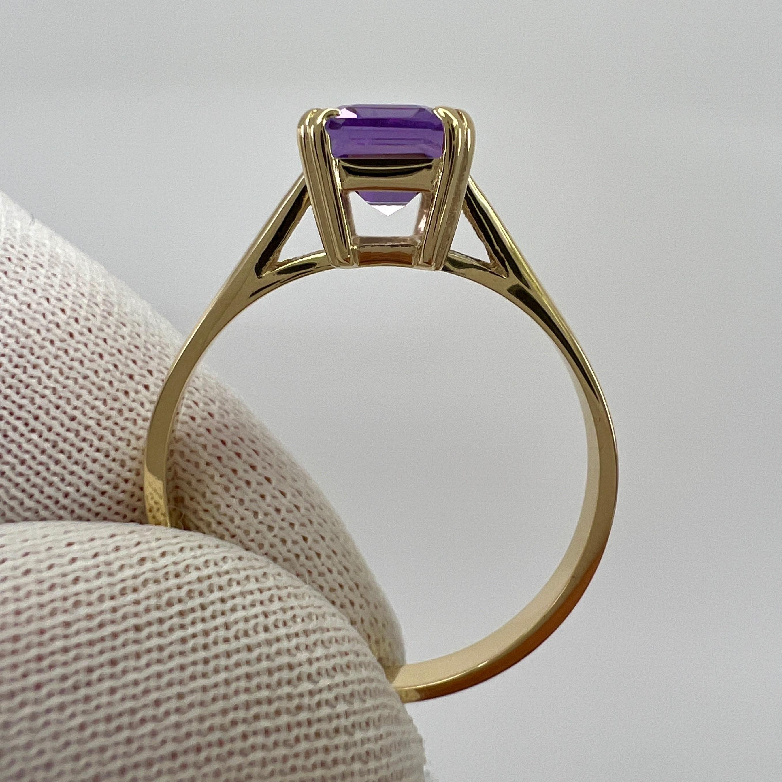 1.60ct Vivid Purple Amethyst Emerald Octagonal Cut 9k Yellow Gold Solitaire Ring For Sale 6