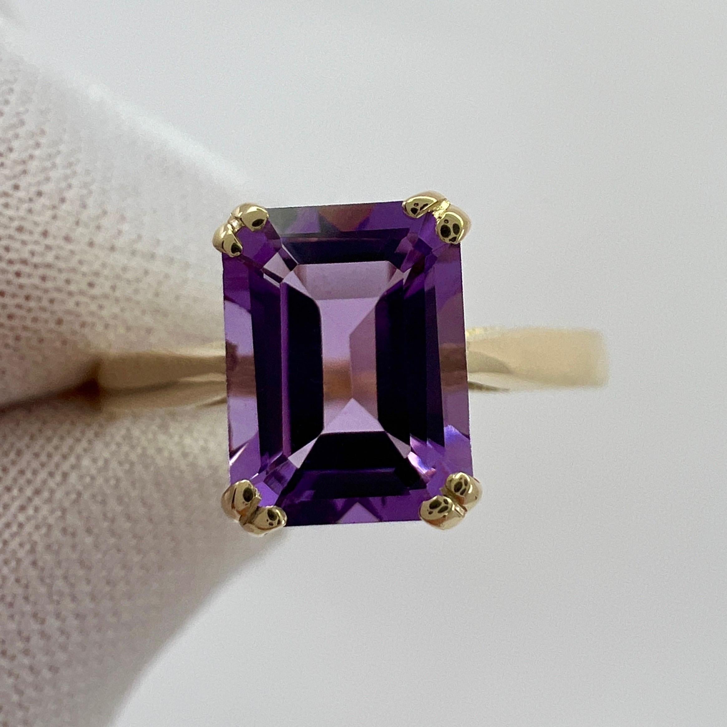 1.60ct Vivid Purple Amethyst Emerald Octagonal Cut 9k Yellow Gold Solitaire Ring For Sale 7
